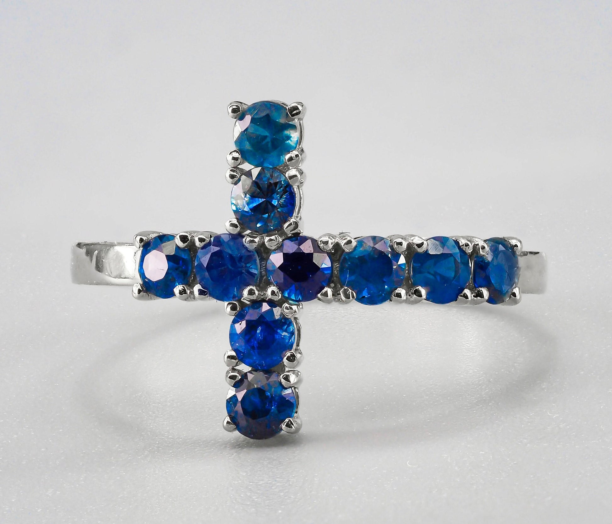 Blue Sapphire Cross Ring Band in 14k gold