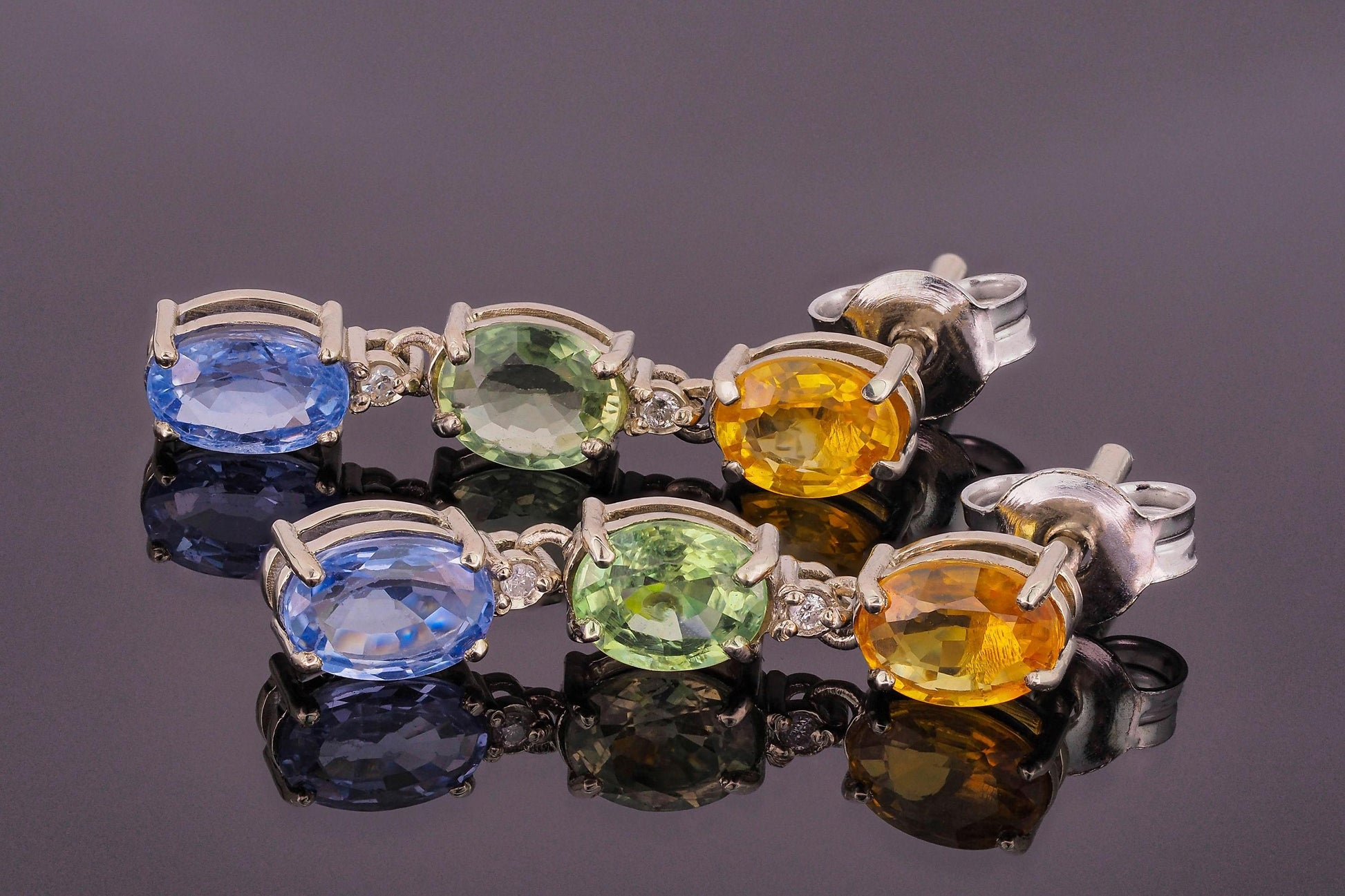 Blue, yellow green sapphire 14k gold earrings