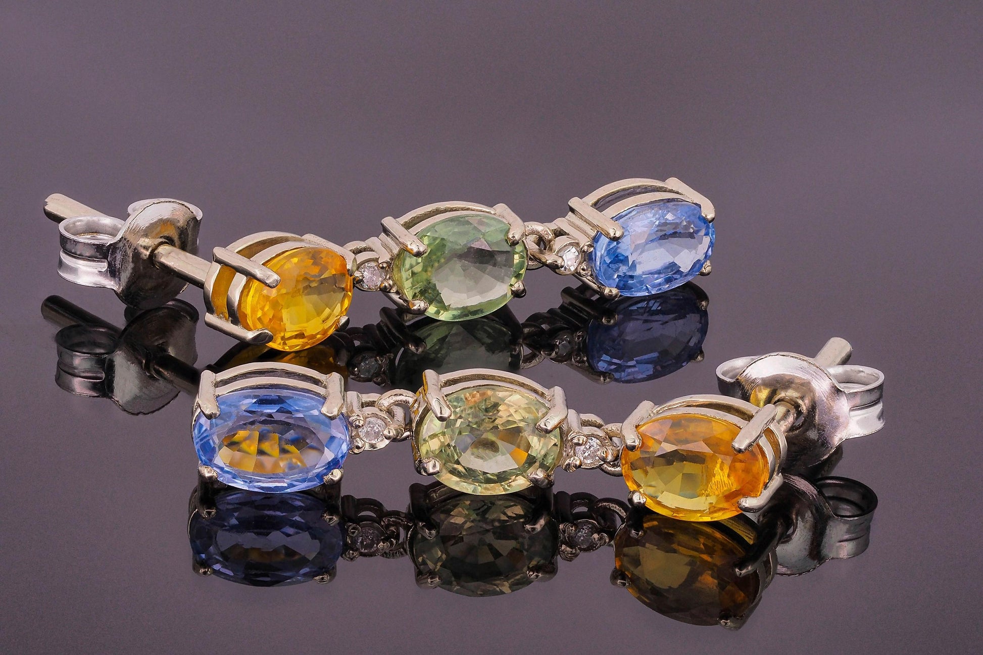 Blue, yellow green sapphire 14k gold earrings