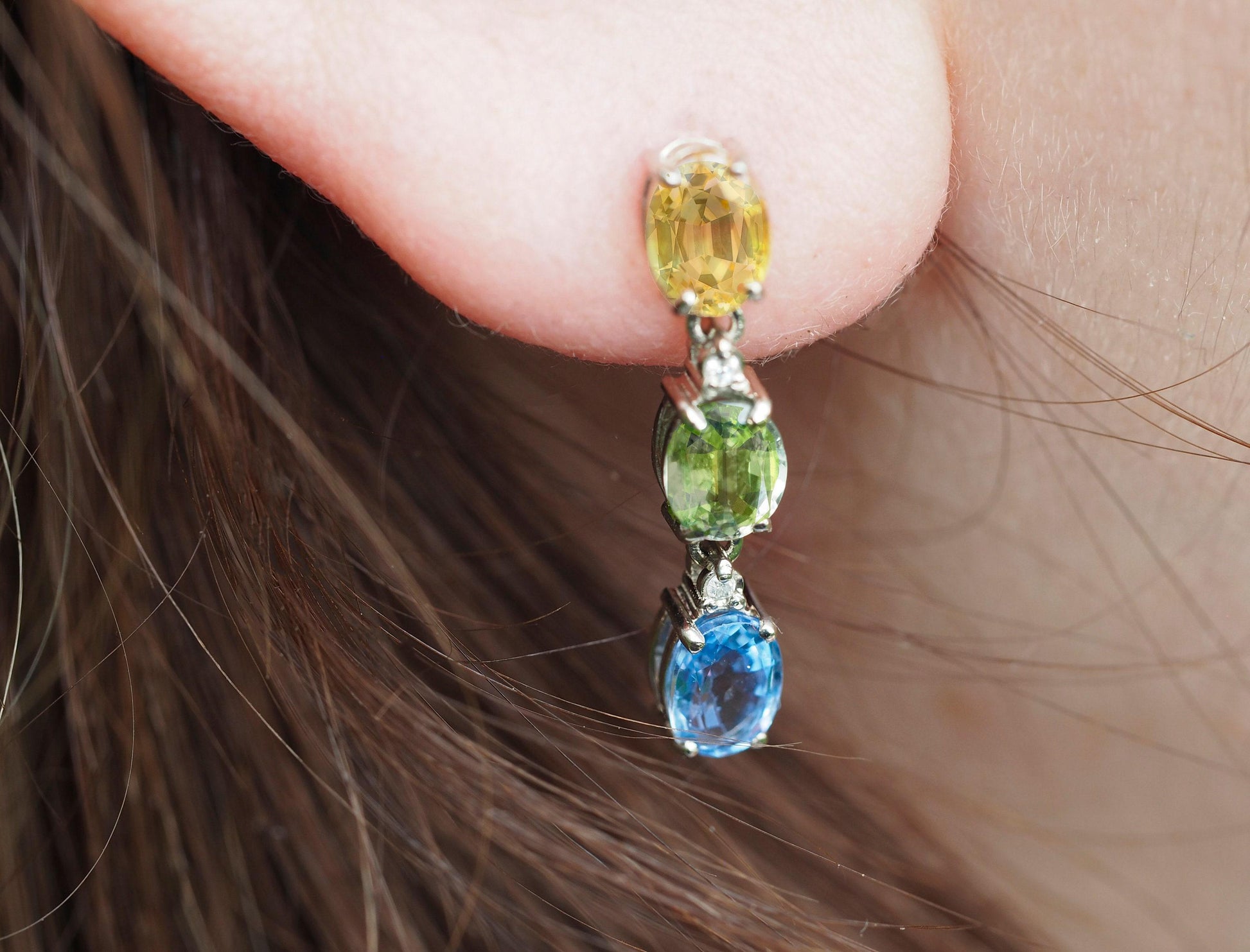 Blue, yellow green sapphire 14k gold earrings