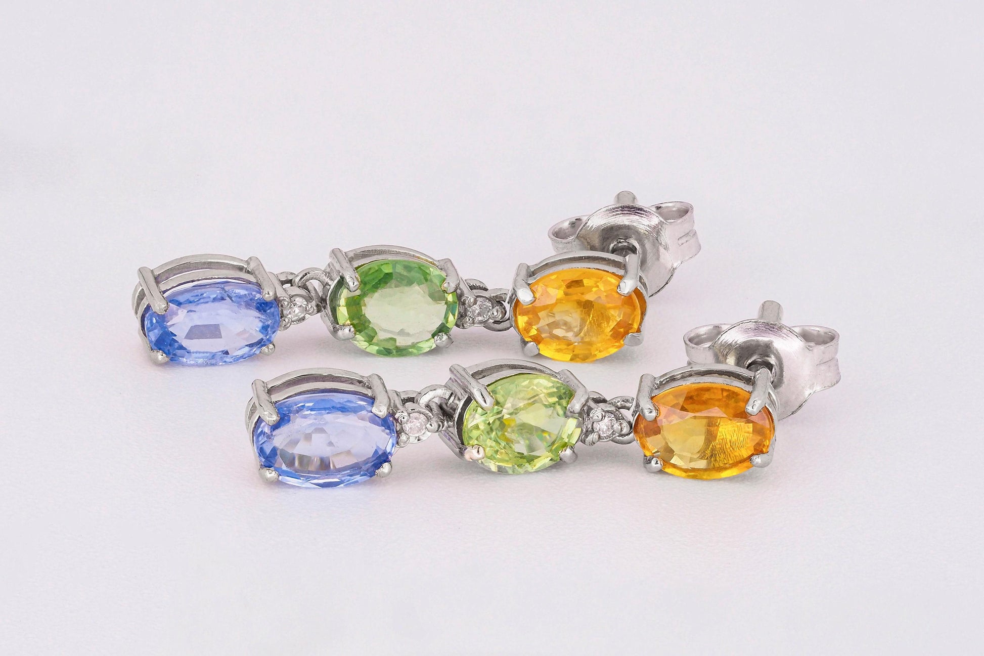 Blue, yellow green sapphire 14k gold earrings