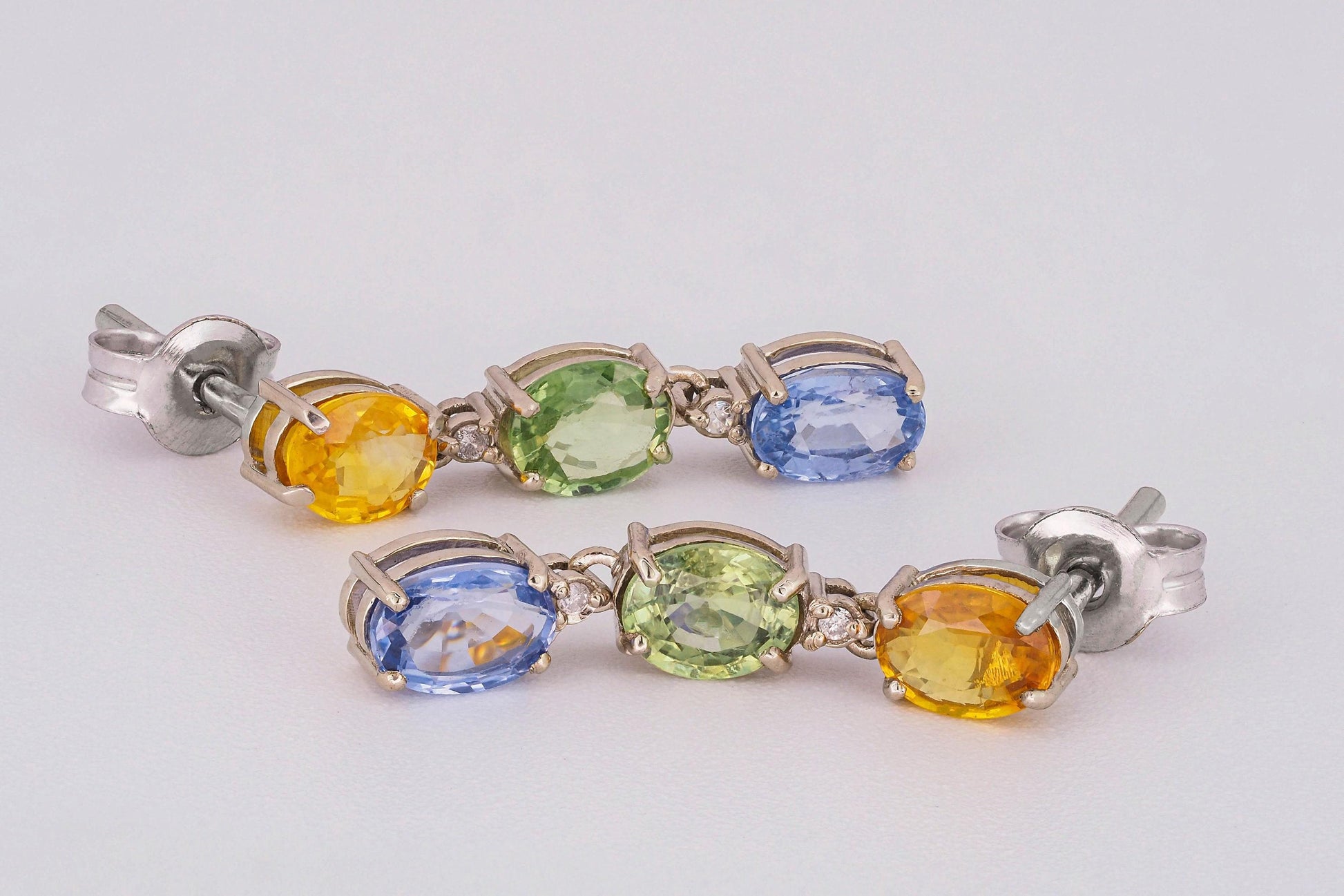 Blue, yellow green sapphire 14k gold earrings