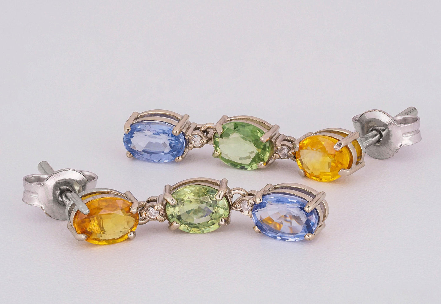 Blue, yellow green sapphire 14k gold earrings