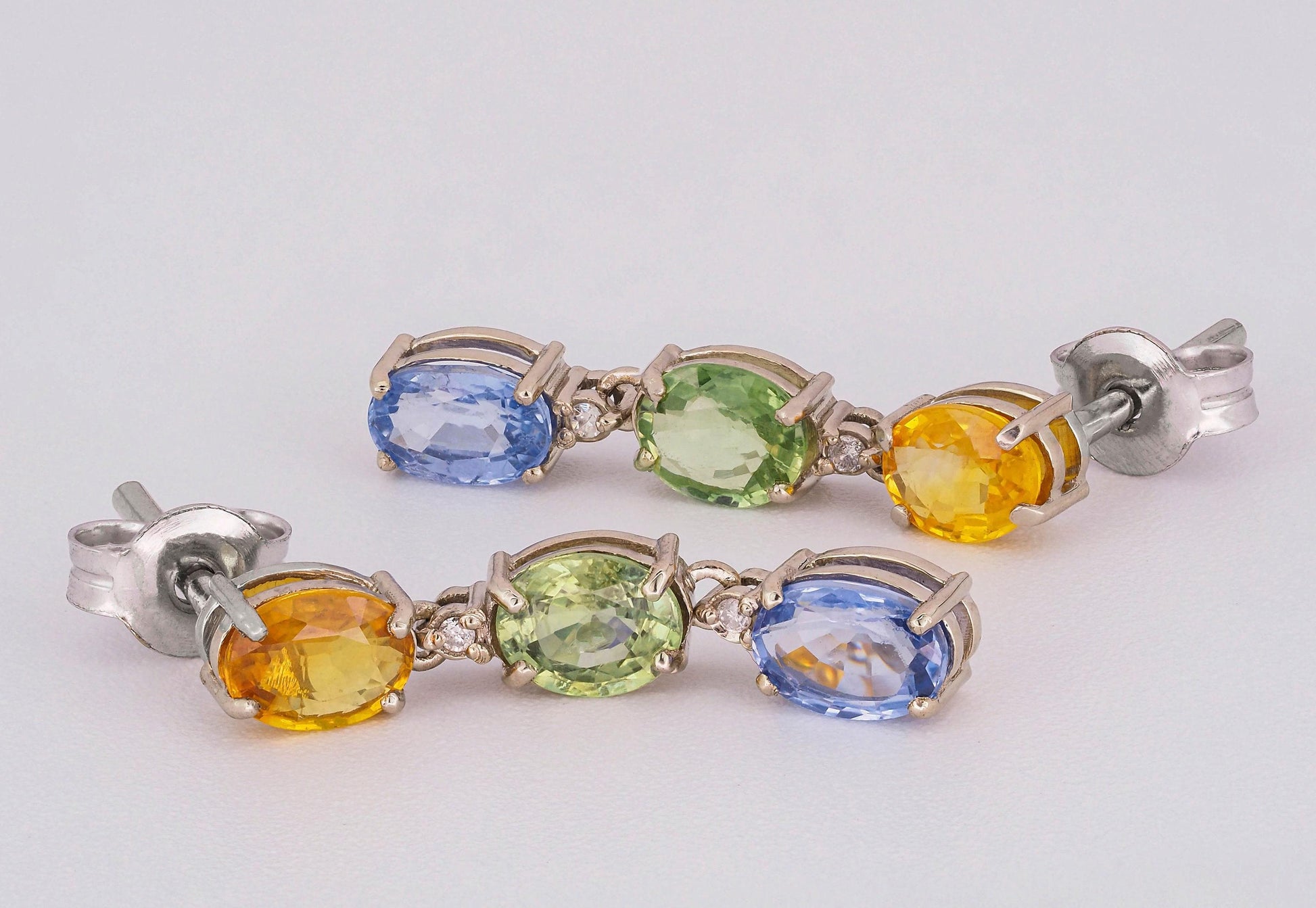 Blue, yellow green sapphire 14k gold earrings