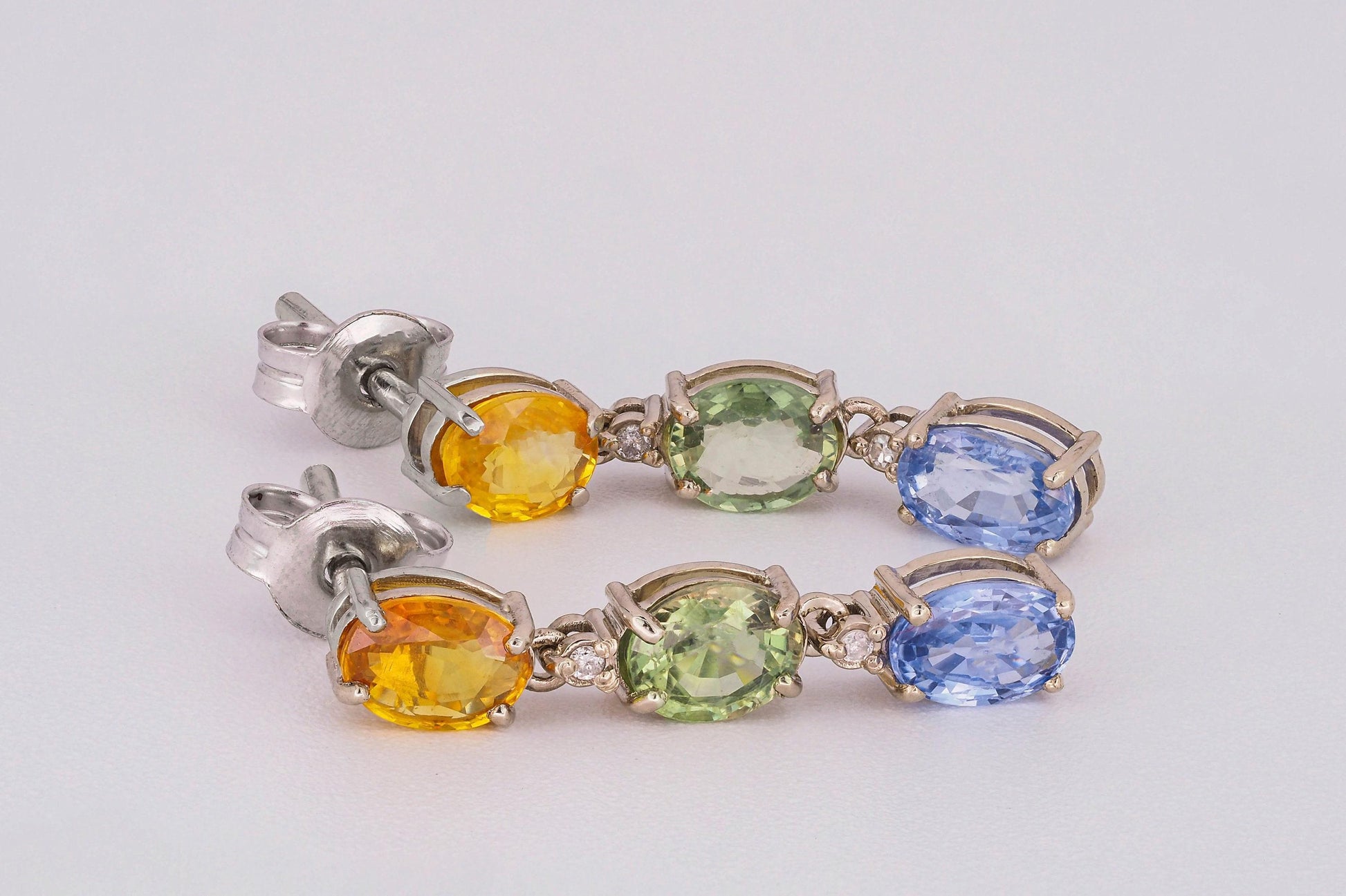Blue, yellow green sapphire 14k gold earrings