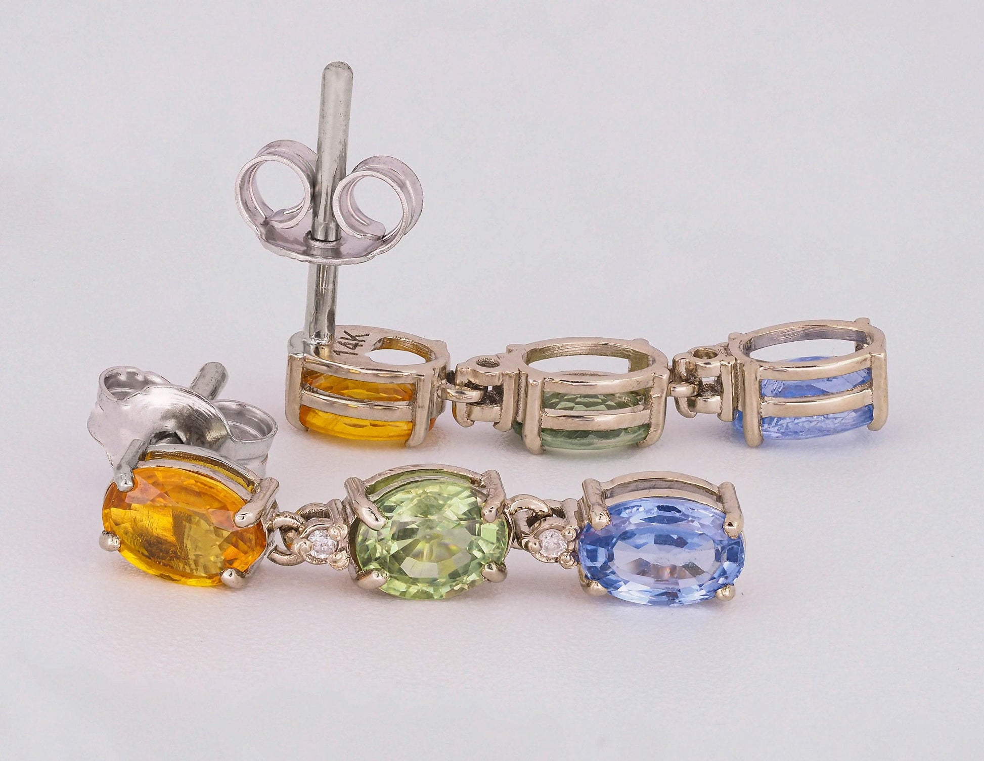 Blue, yellow green sapphire 14k gold earrings