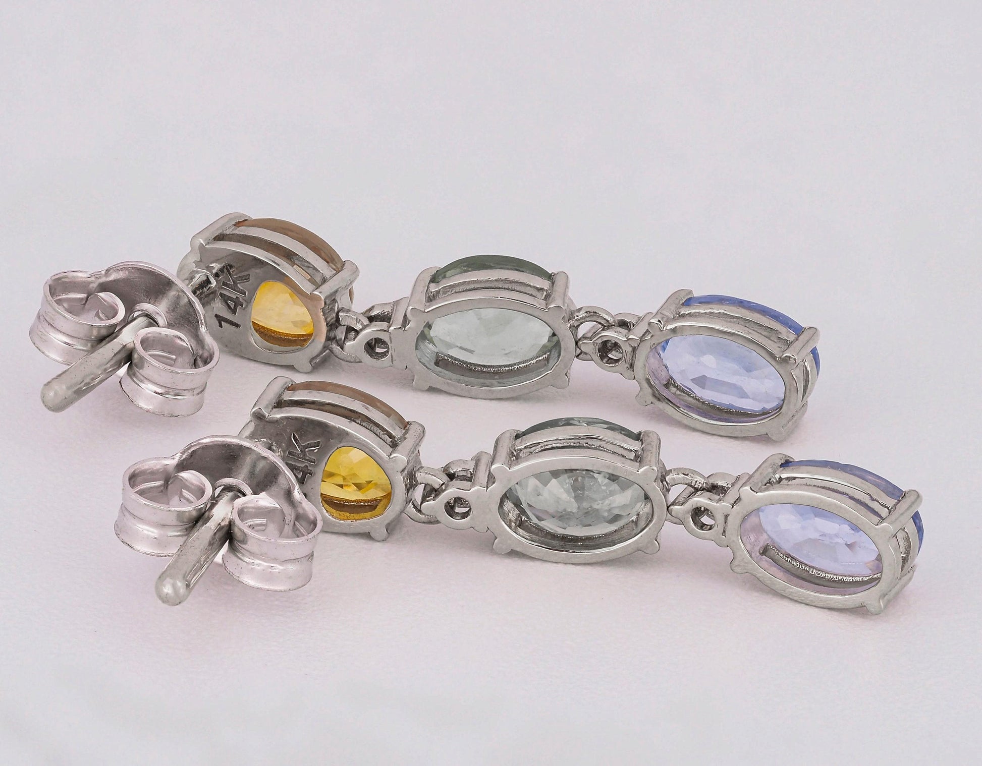 Blue, yellow green sapphire 14k gold earrings