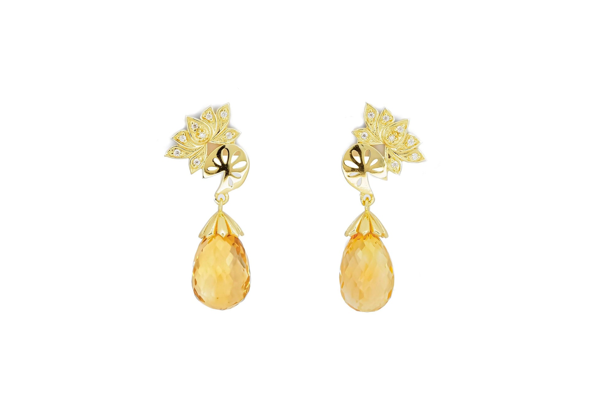Citrine briolette 14k gold earrings studs