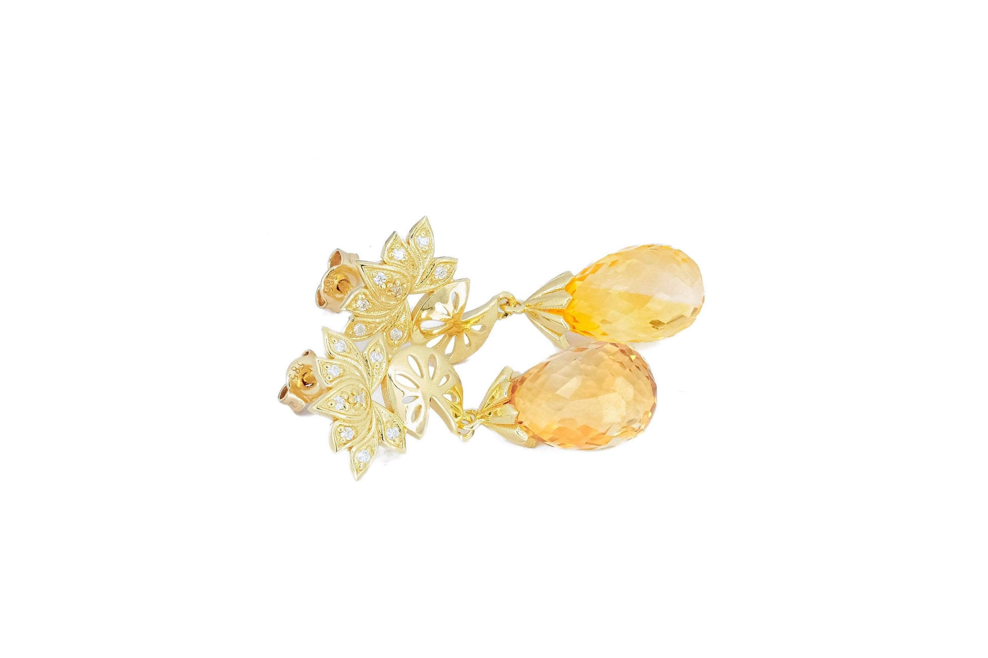 Citrine briolette 14k gold earrings studs