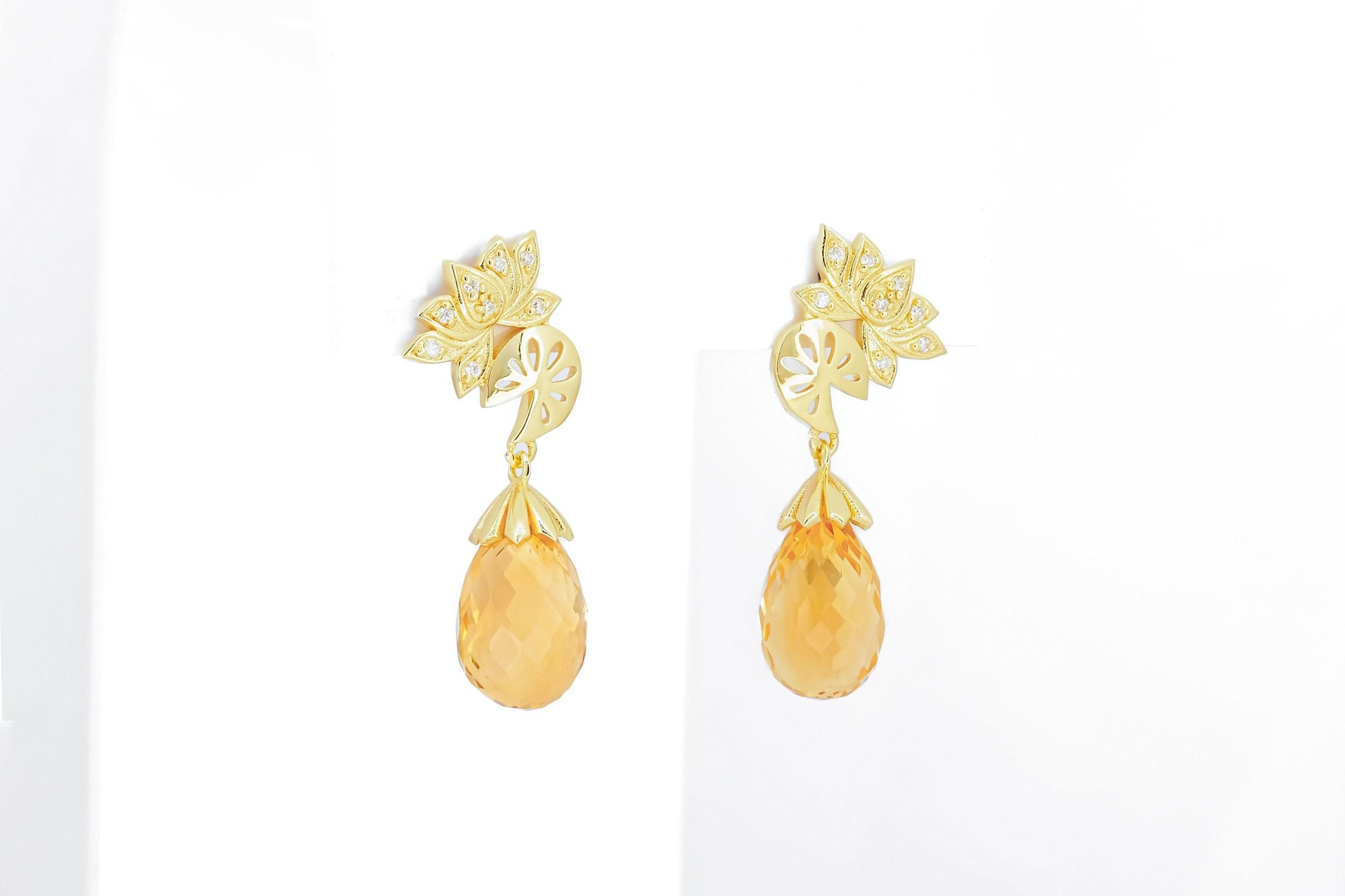 Citrine briolette 14k gold earrings studs