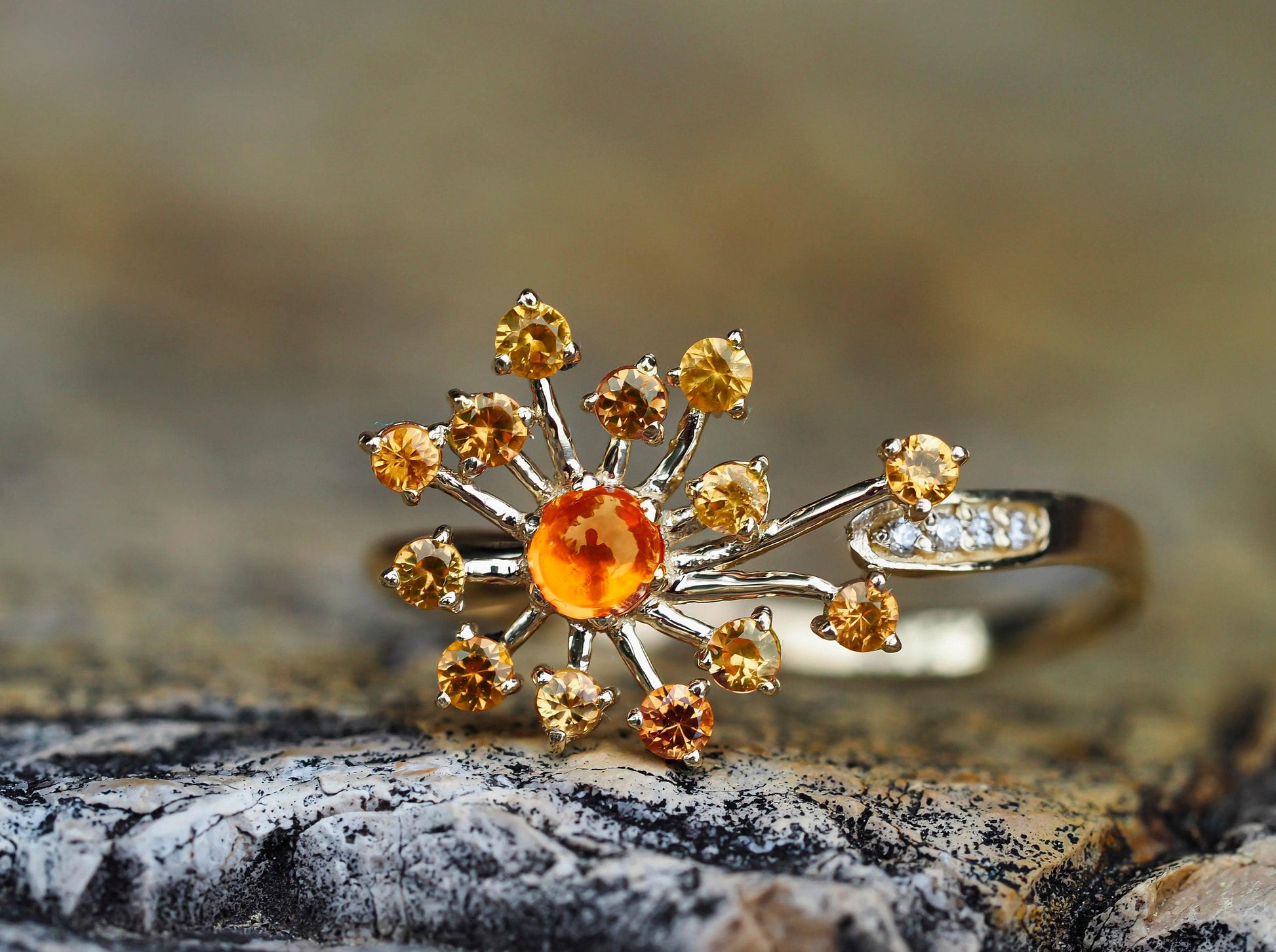 Dandelion flower ring with sapphires, garnet, diamonds in 14k gold