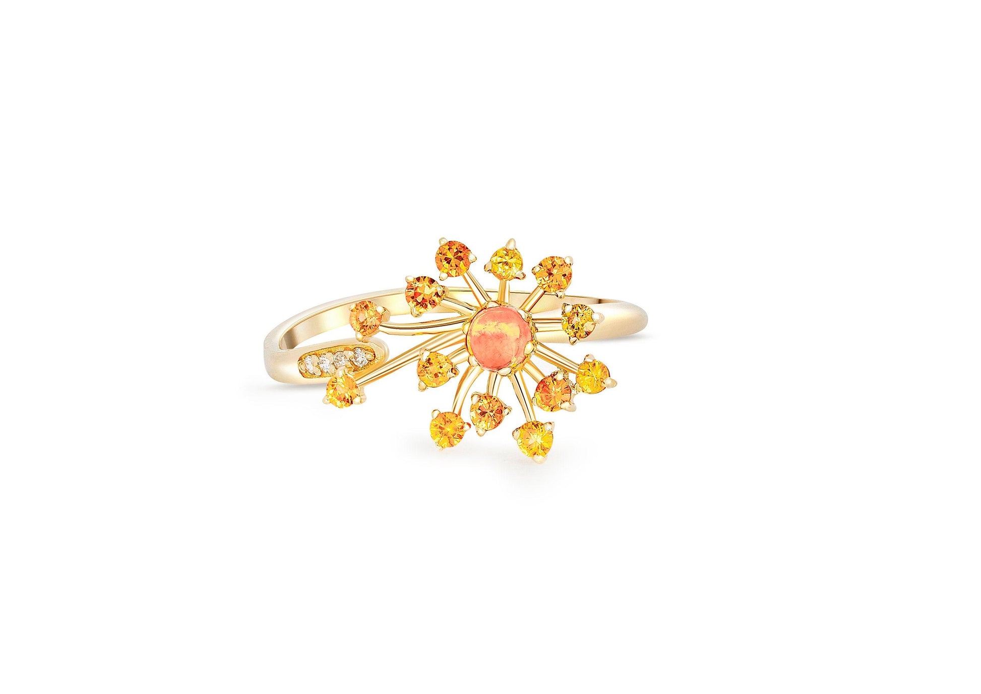 Dandelion flower ring with sapphires, garnet, diamonds in 14k gold