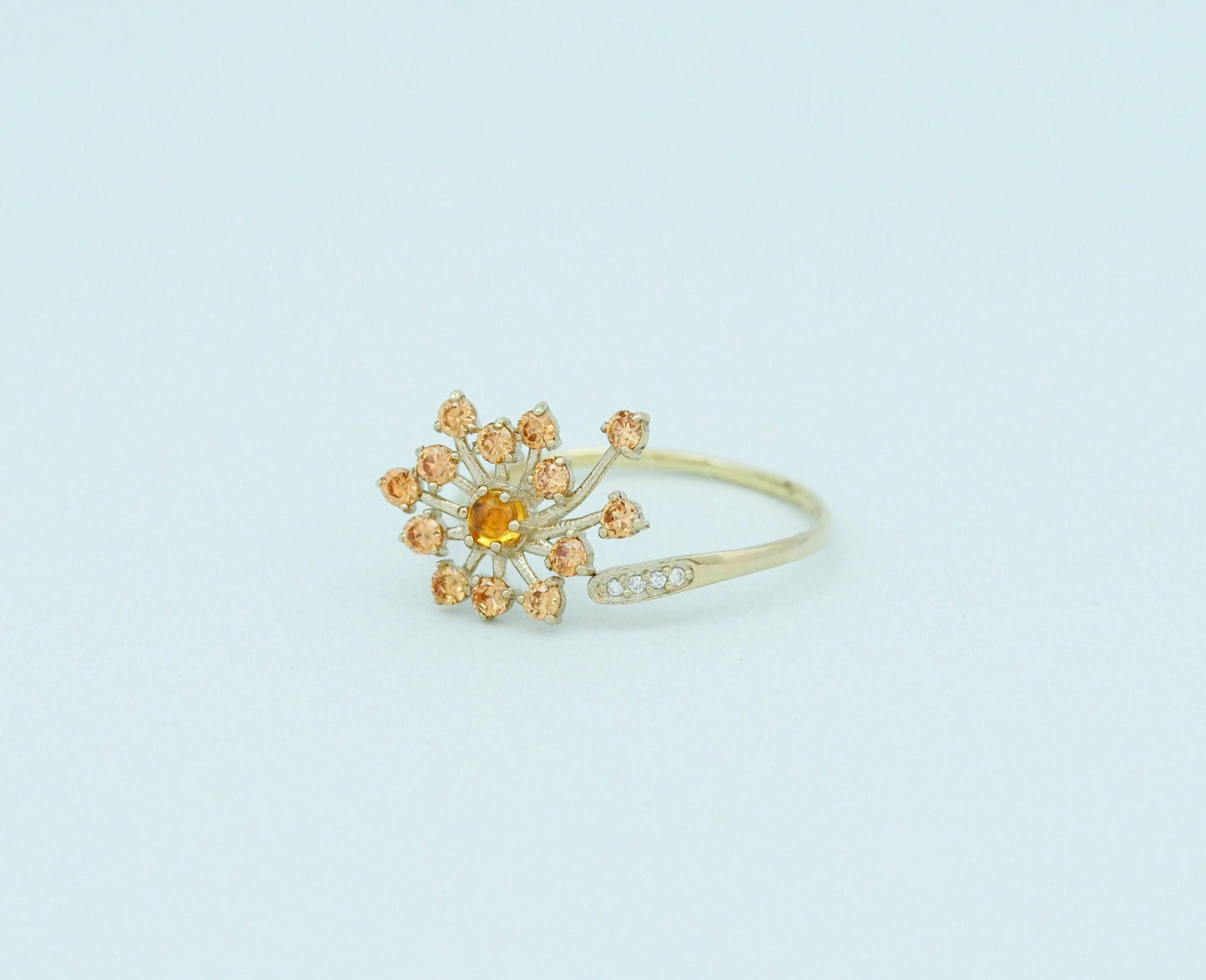 Dandelion flower ring with sapphires, garnet, diamonds in 14k gold