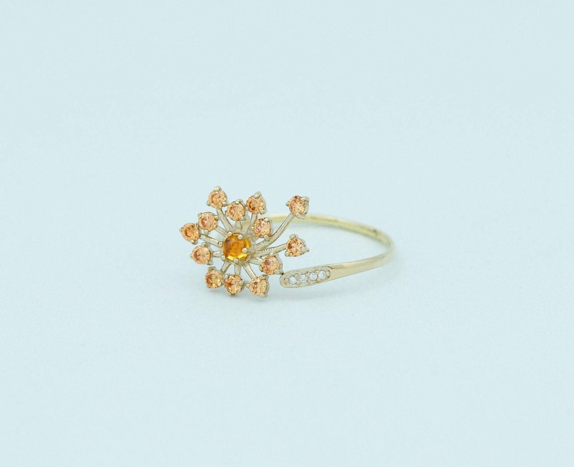 Dandelion flower ring with sapphires, garnet, diamonds in 14k gold