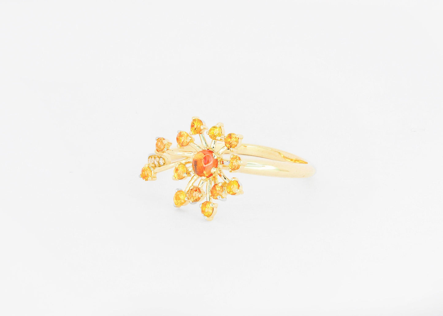 Dandelion flower ring with sapphires, garnet, diamonds in 14k gold