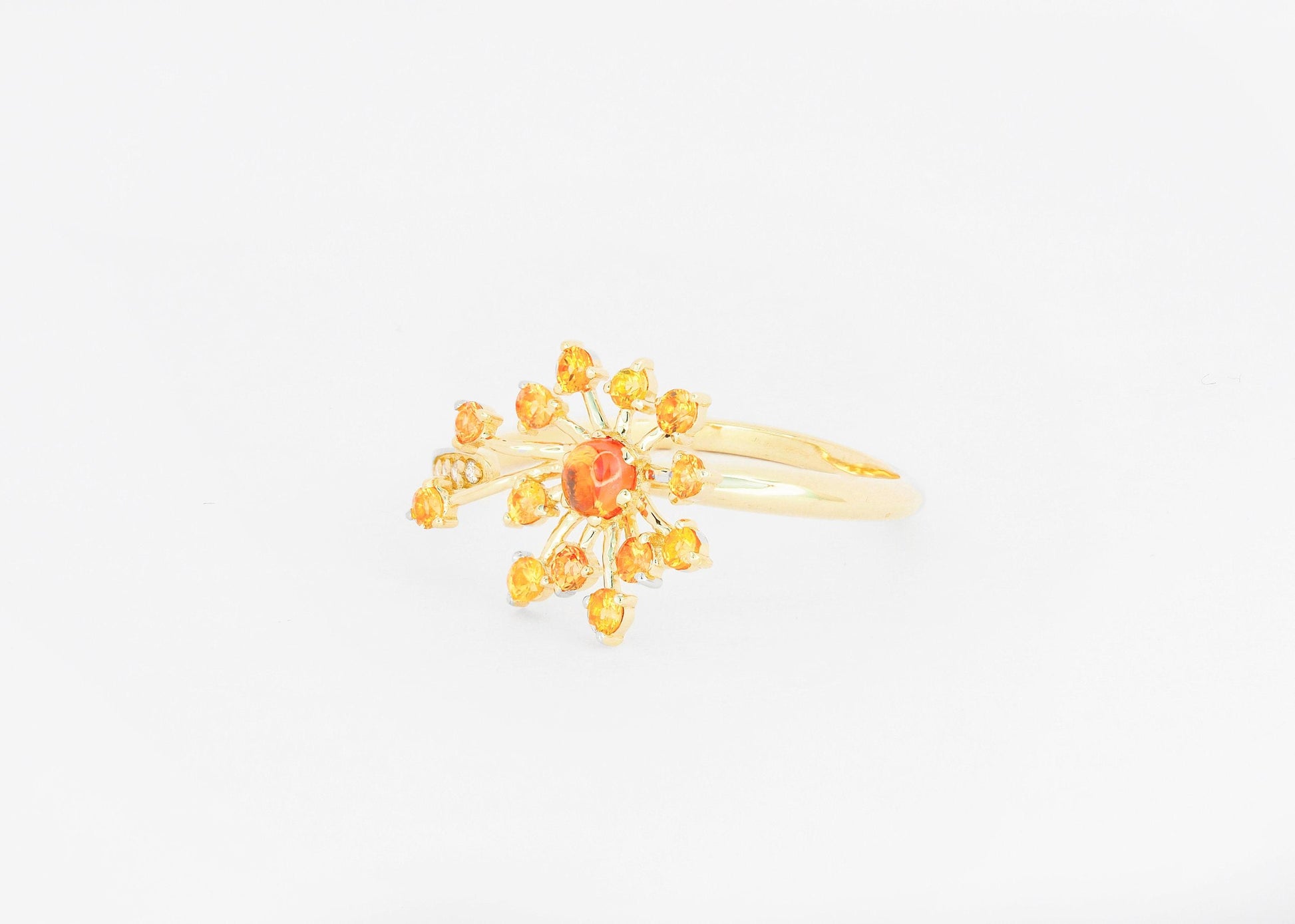 Dandelion flower ring with sapphires, garnet, diamonds in 14k gold
