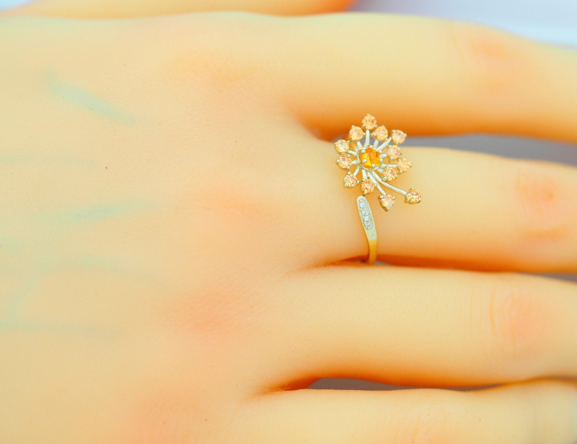 Dandelion flower ring with sapphires, garnet, diamonds in 14k gold