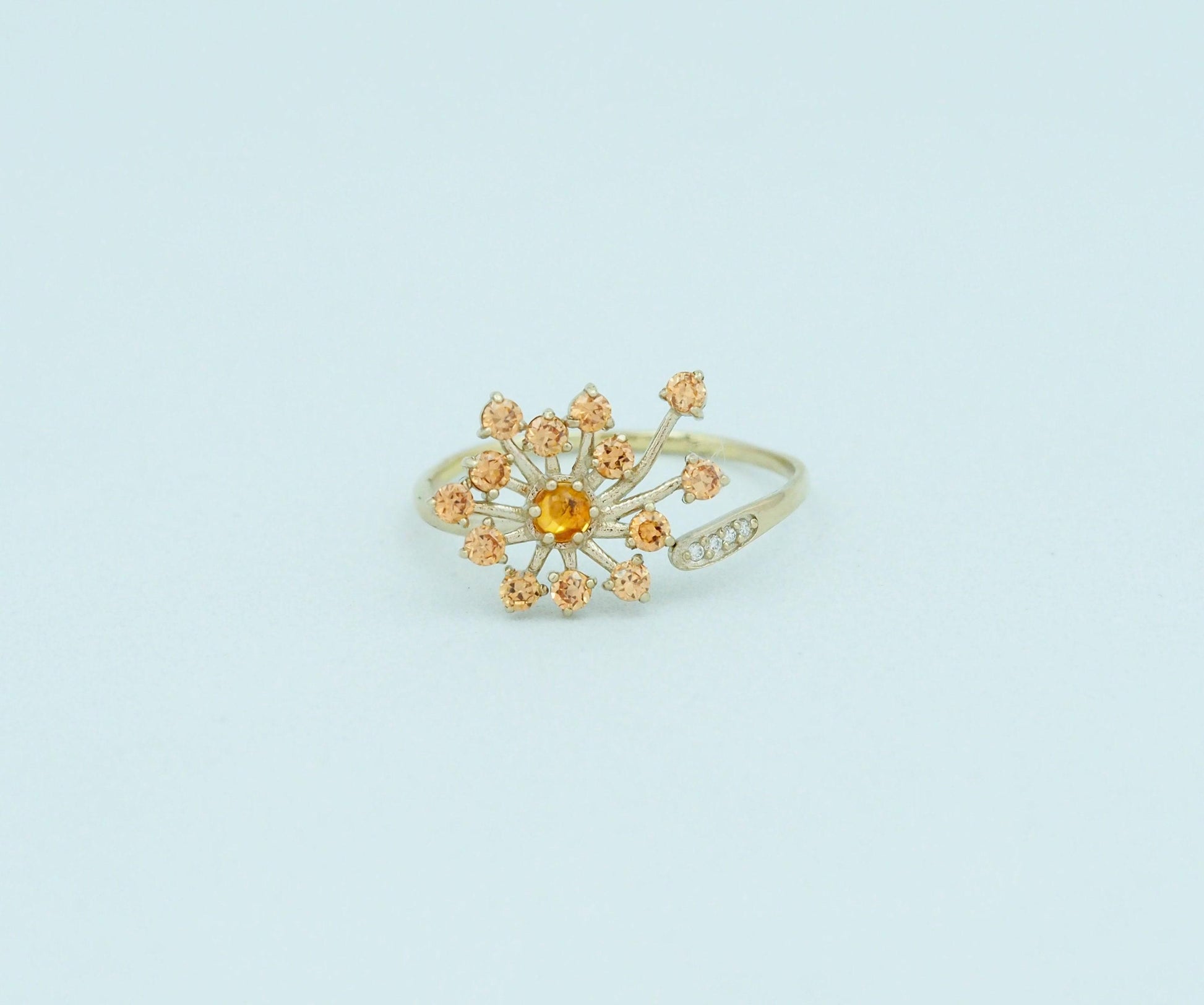 Dandelion flower ring with sapphires, garnet, diamonds in 14k gold