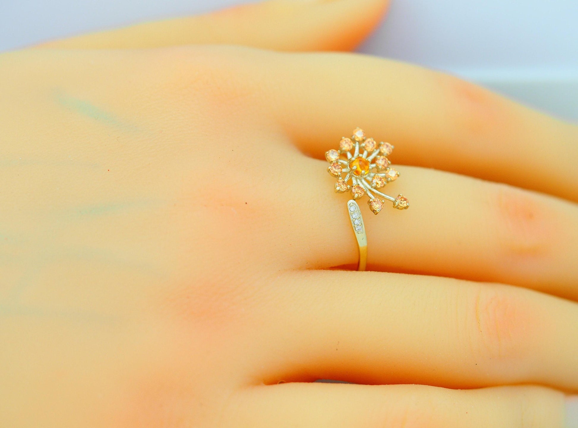 Dandelion flower ring with sapphires, garnet, diamonds in 14k gold