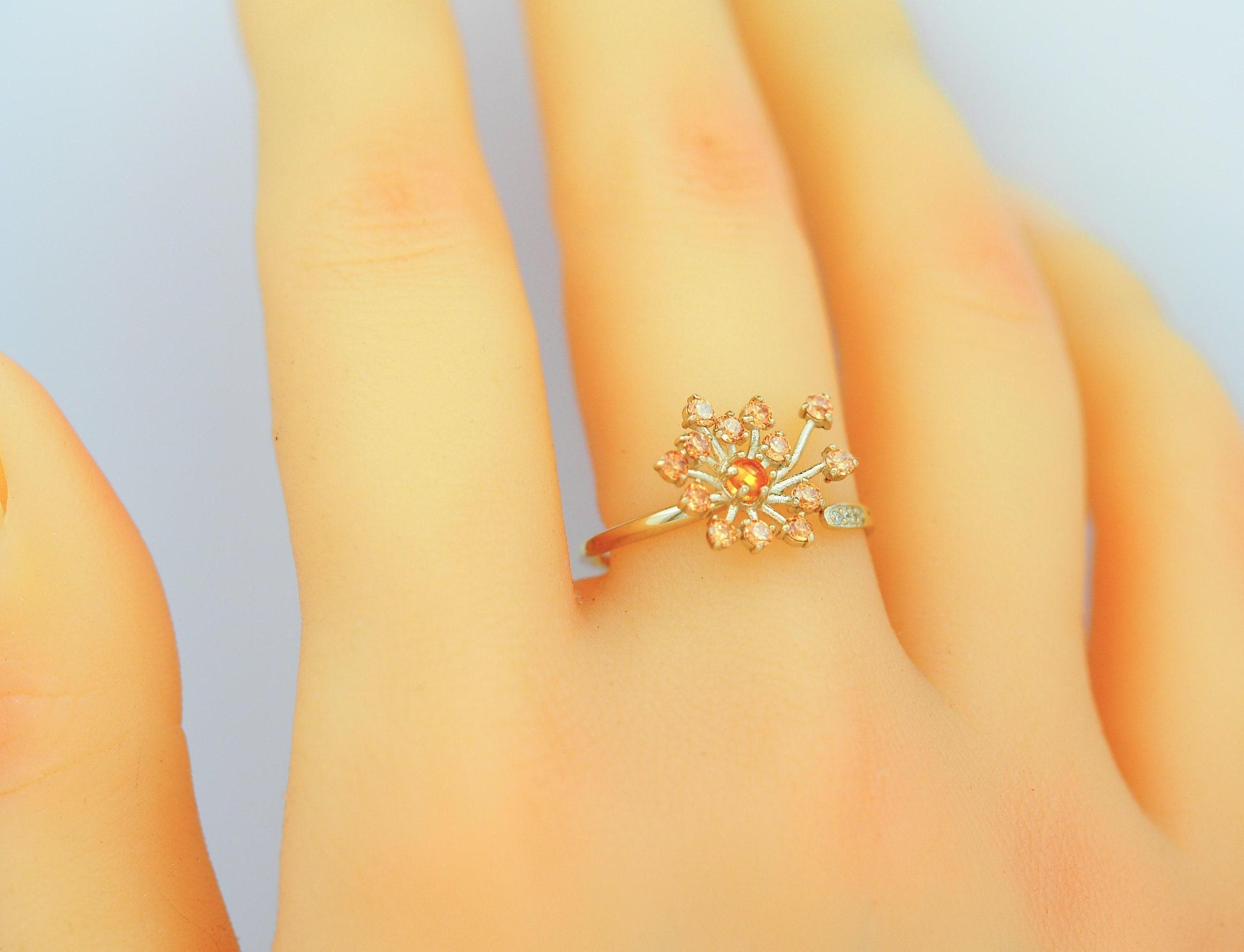 Dandelion flower ring with sapphires, garnet, diamonds in 14k gold