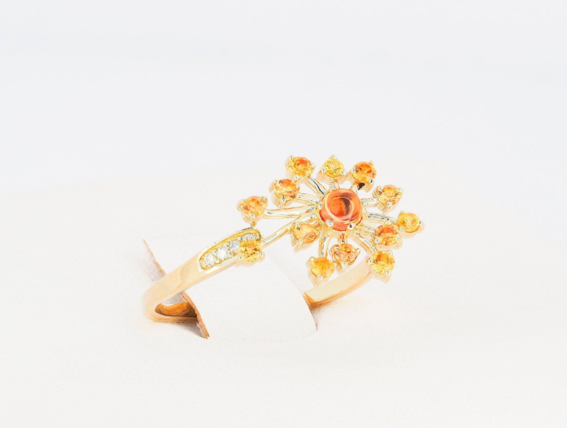 Dandelion flower ring with sapphires, garnet, diamonds in 14k gold