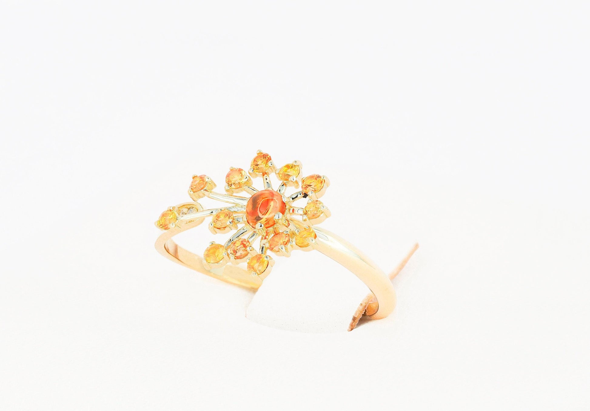 Dandelion flower ring with sapphires, garnet, diamonds in 14k gold