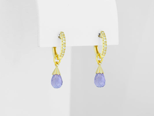 Diamond Hoop Earrings and Amethyst Briolette Charms in 14k Gold