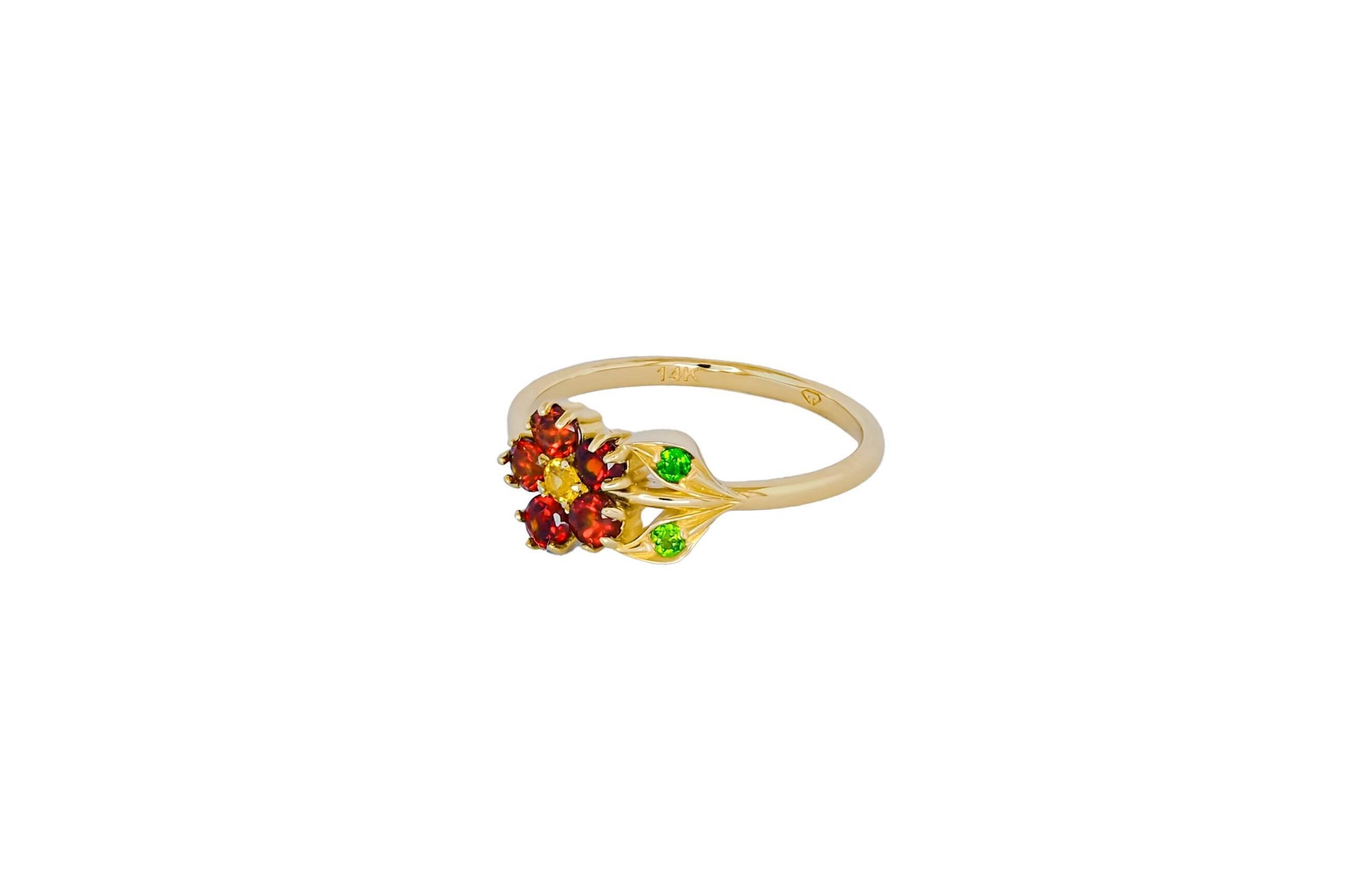Rainbow gemstones flower ring in 14k gold