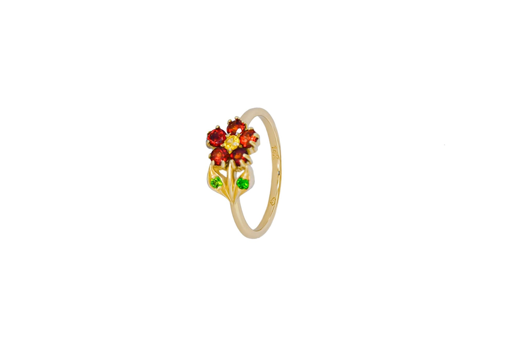 Rainbow gemstones flower ring in 14k gold