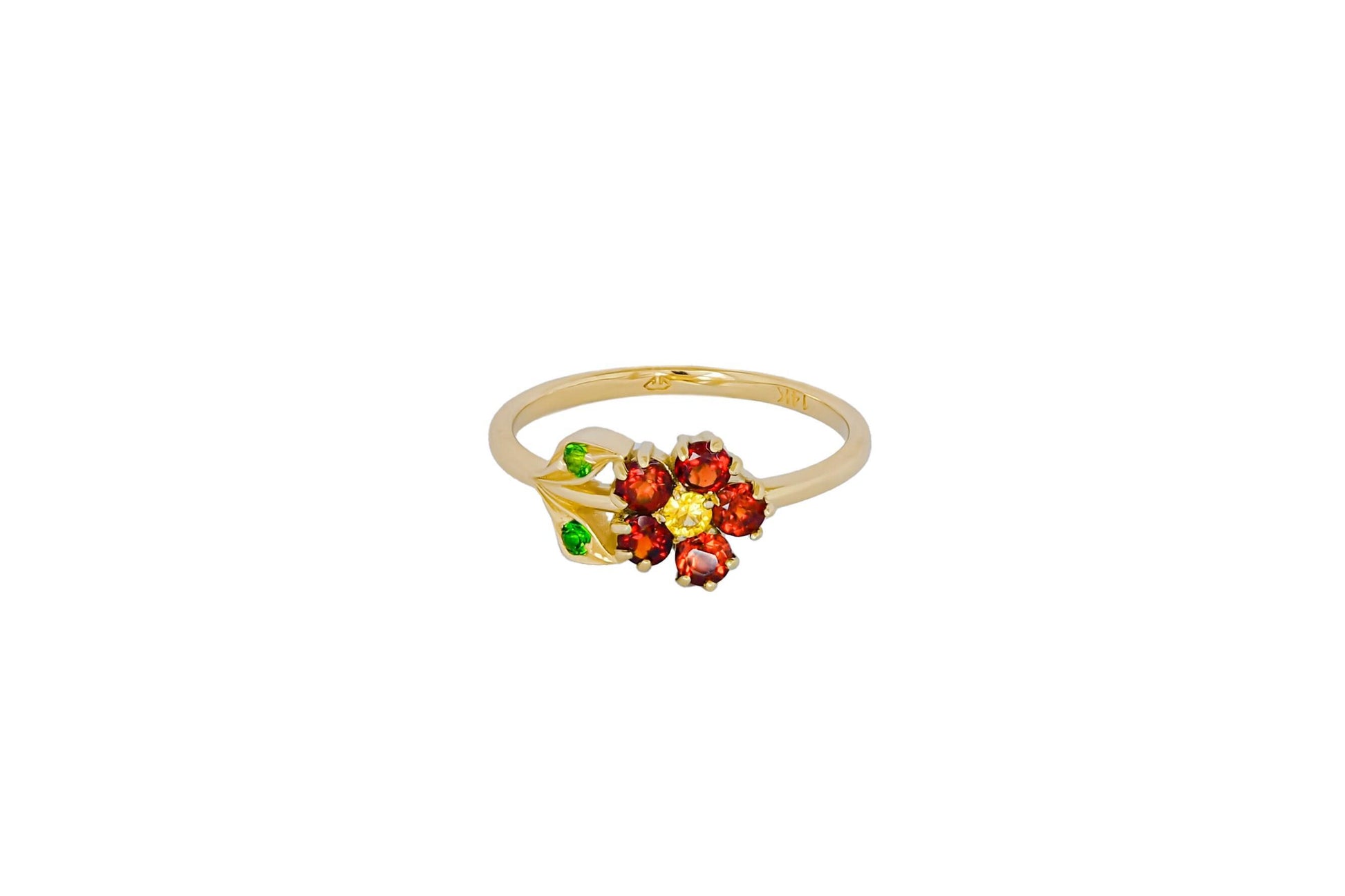 Rainbow gemstones flower ring in 14k gold