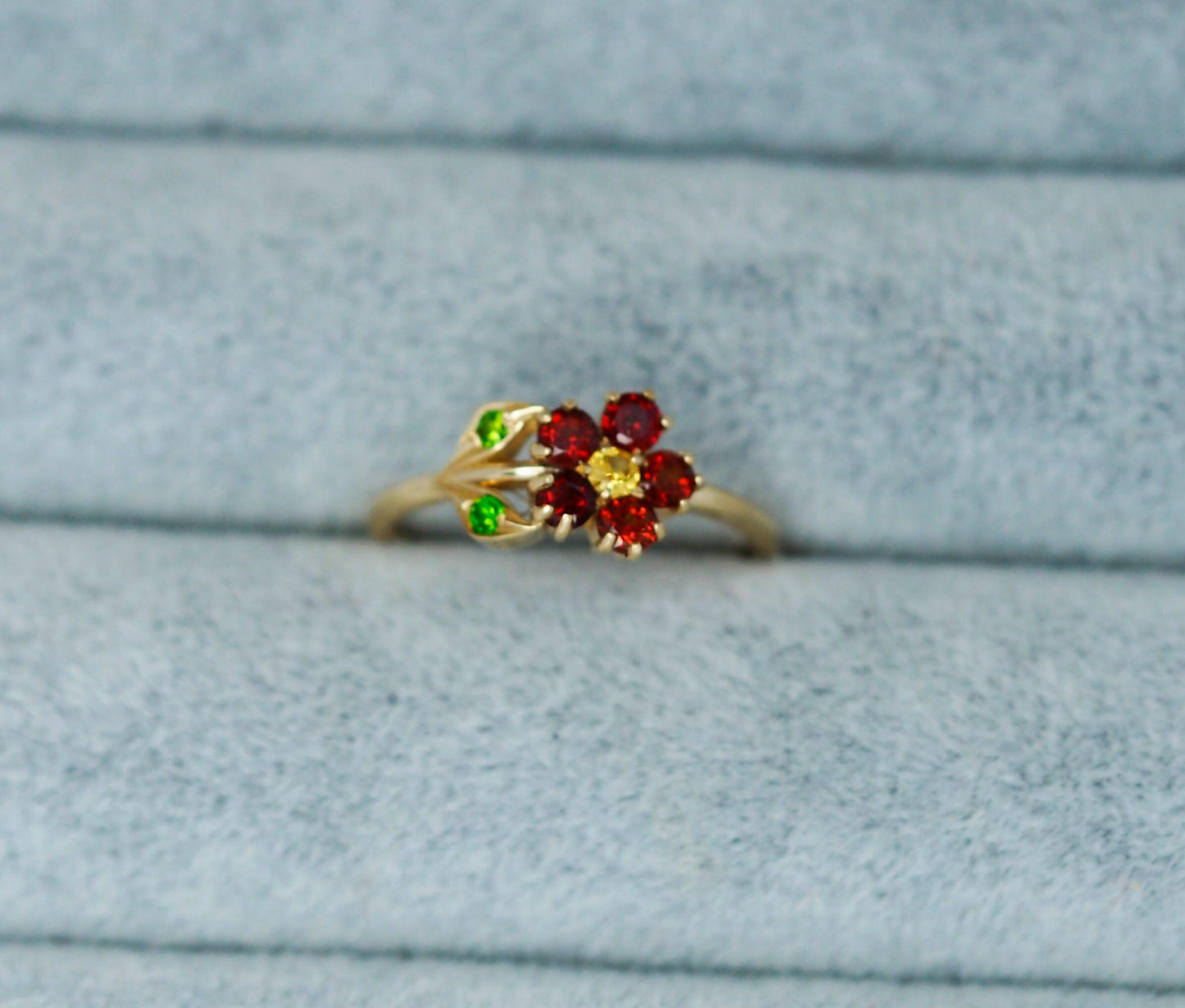 Rainbow gemstones flower ring in 14k gold