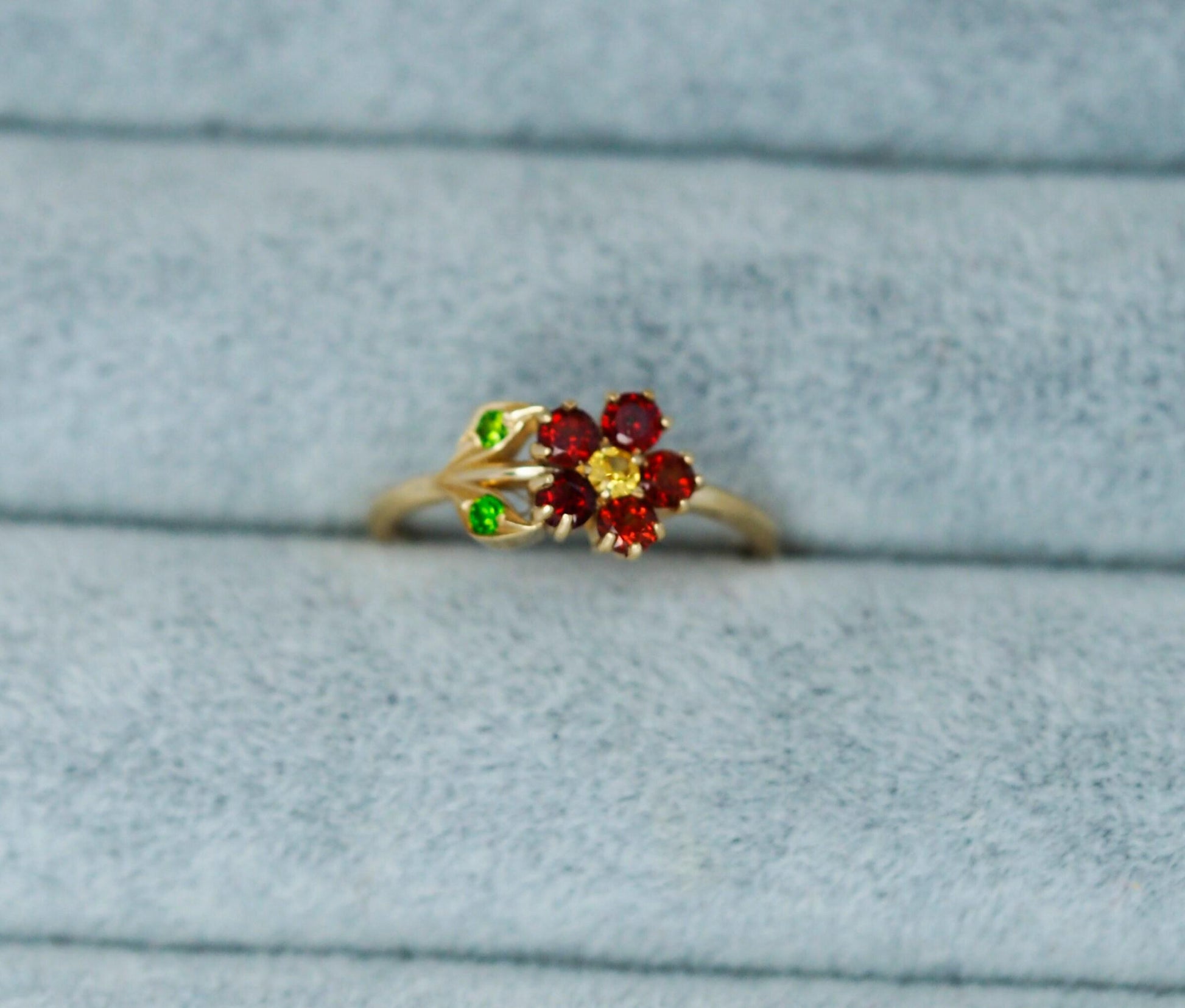 Rainbow gemstones flower ring in 14k gold