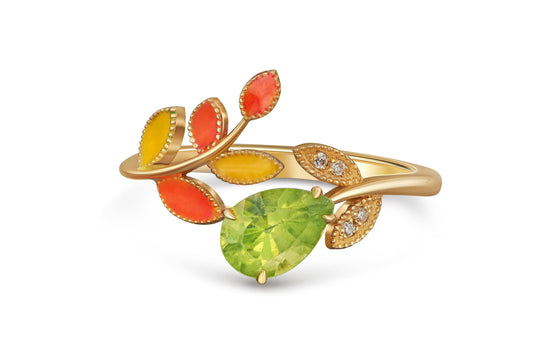 Automn leaves ring with peridot in 14k gold