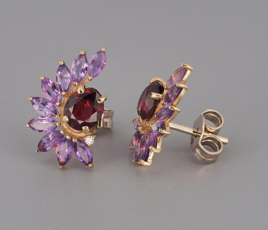 Garnet, amethyst 14k gold earrings studs