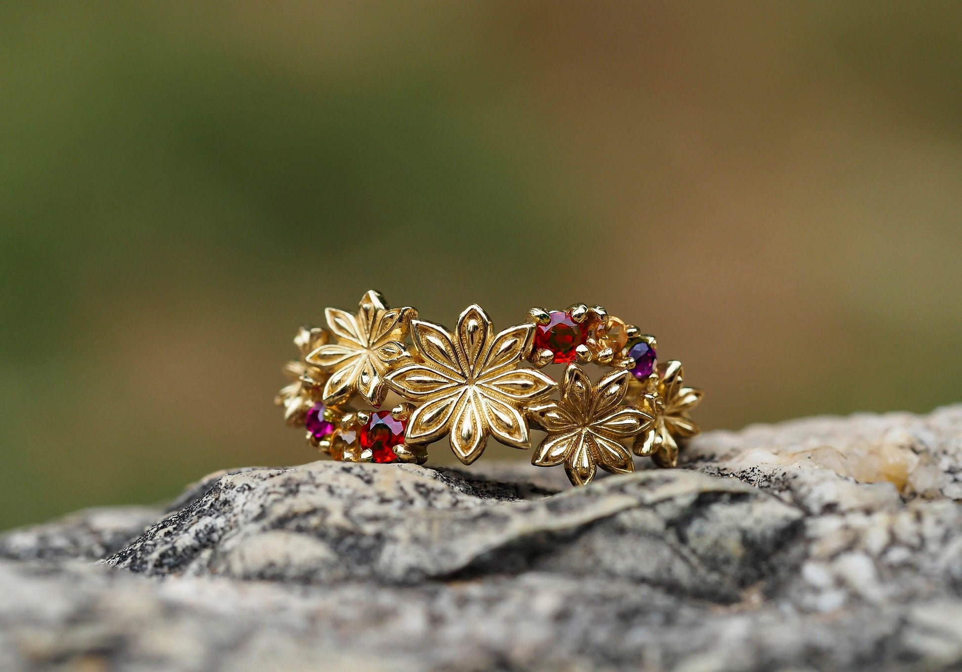 Star Anise Flower 14k gold ring with gemstones