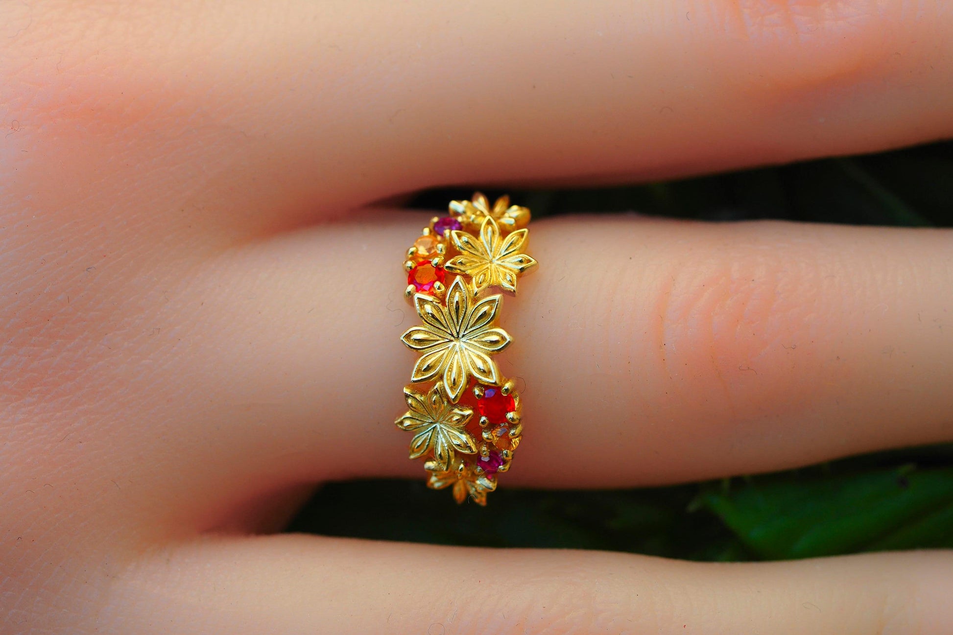 Star Anise Flower 14k gold ring with gemstones