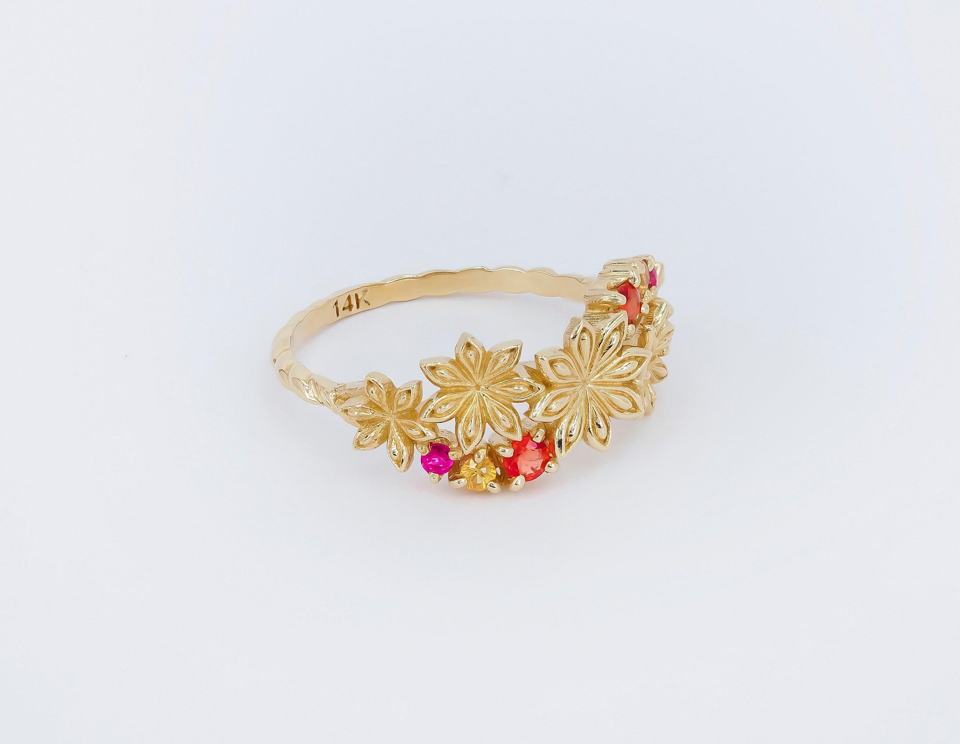 Star Anise Flower 14k gold ring with gemstones