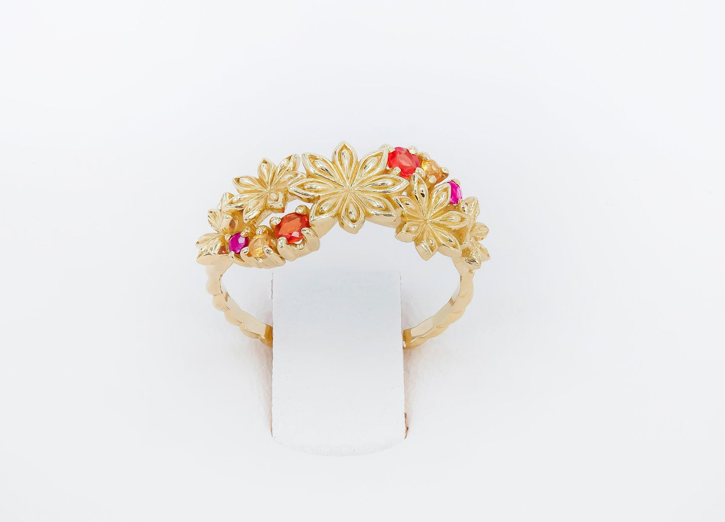 Star Anise Flower 14k gold ring with gemstones
