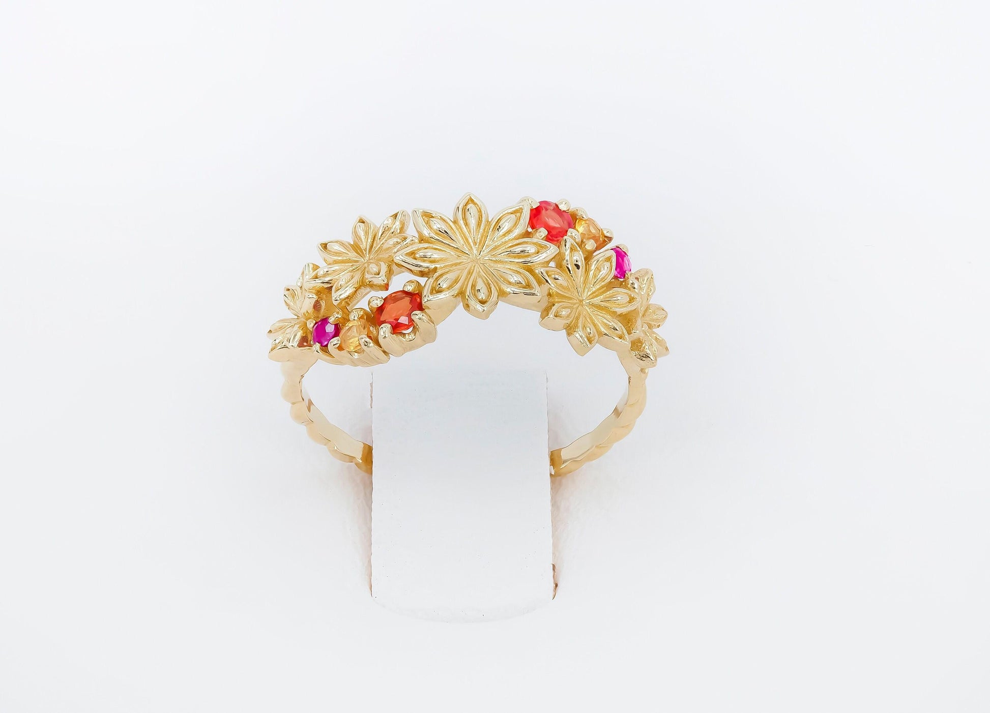 Star Anise Flower 14k gold ring with gemstones