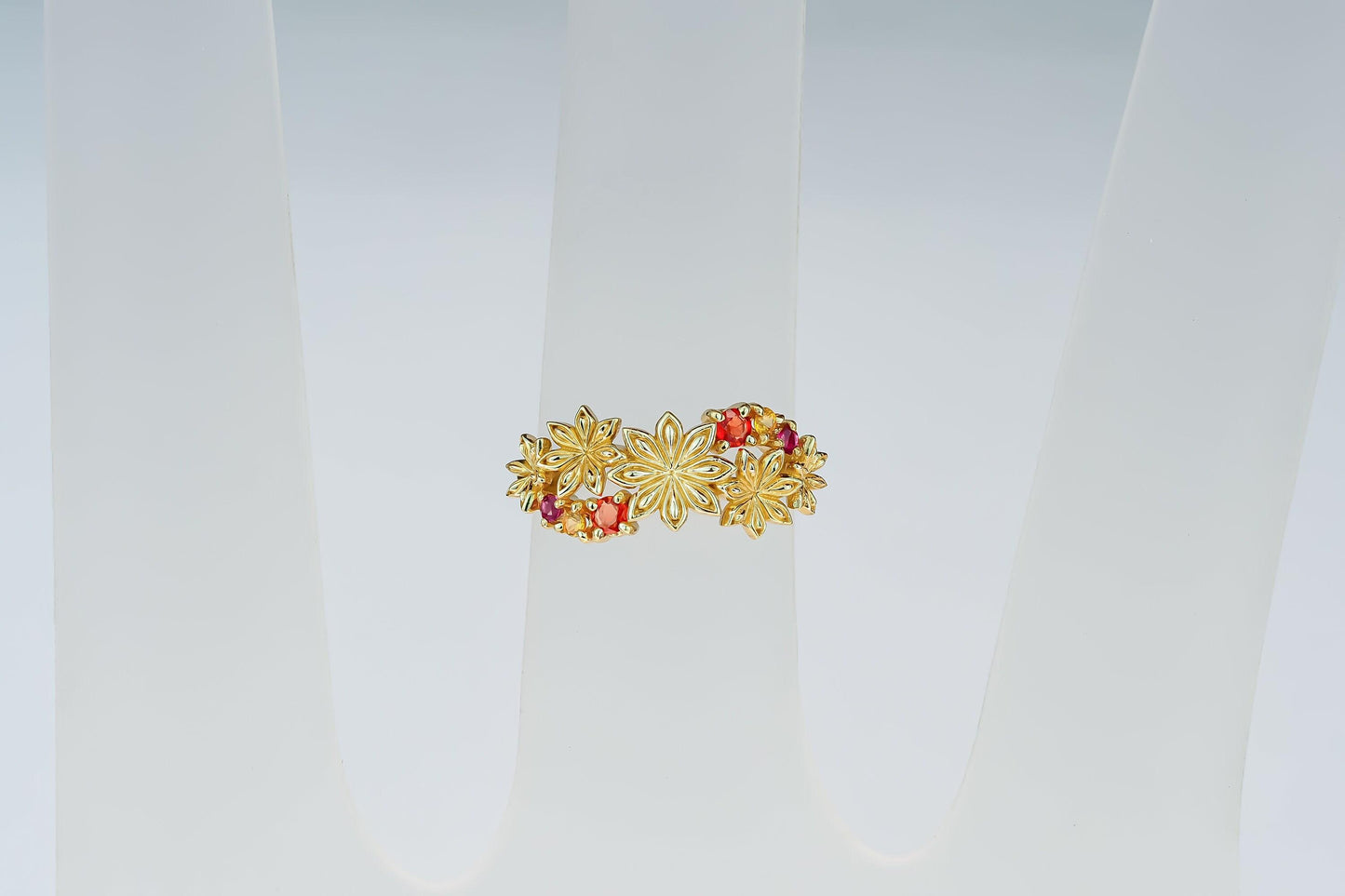 Star Anise Flower 14k gold ring with gemstones