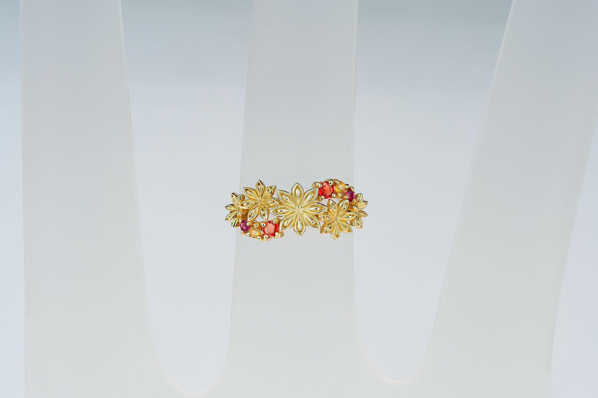 Star Anise Flower 14k gold ring with gemstones
