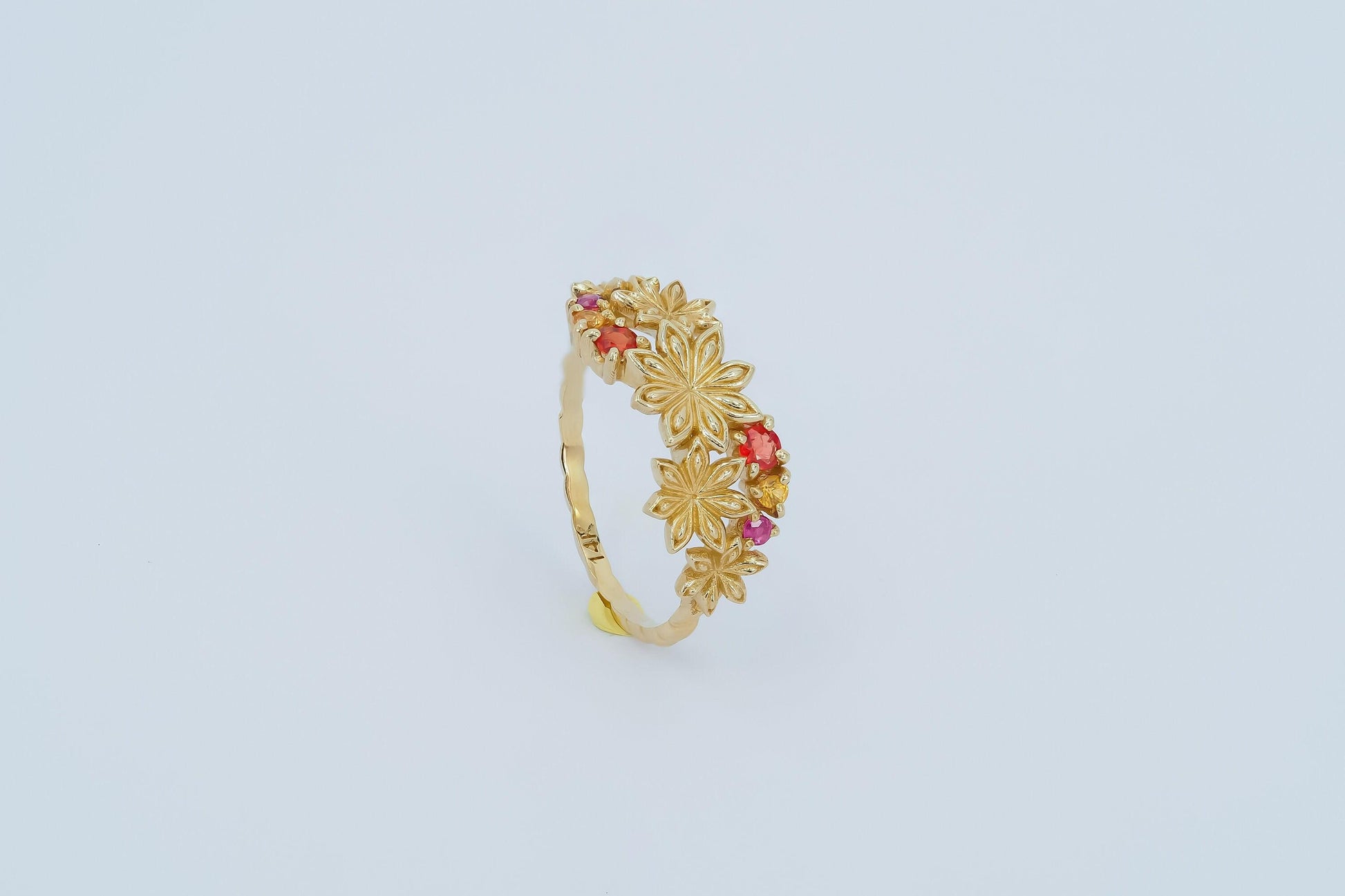Star Anise Flower 14k gold ring with gemstones