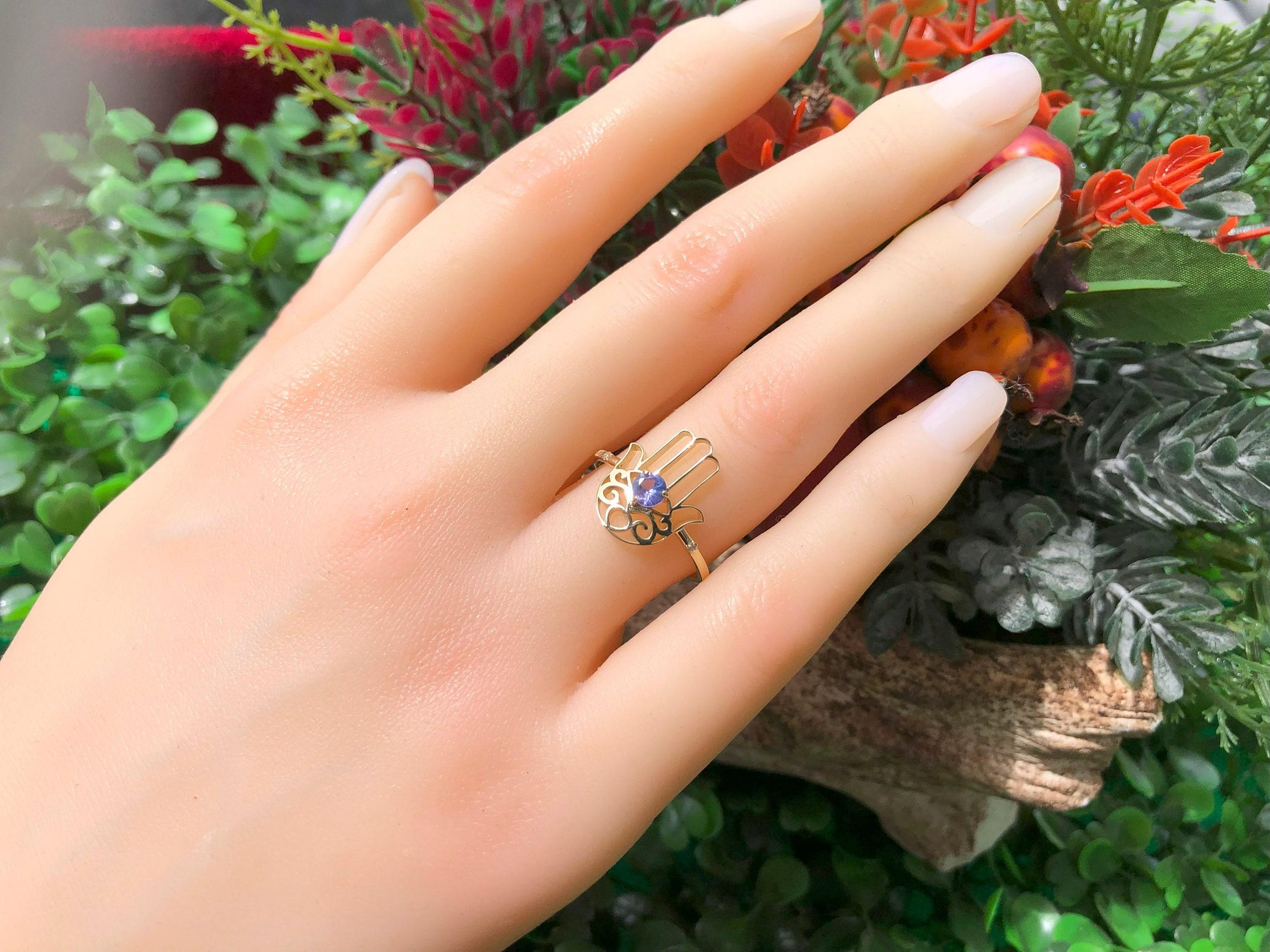 Hamsa Hand Tanzanite ring in 14k gold