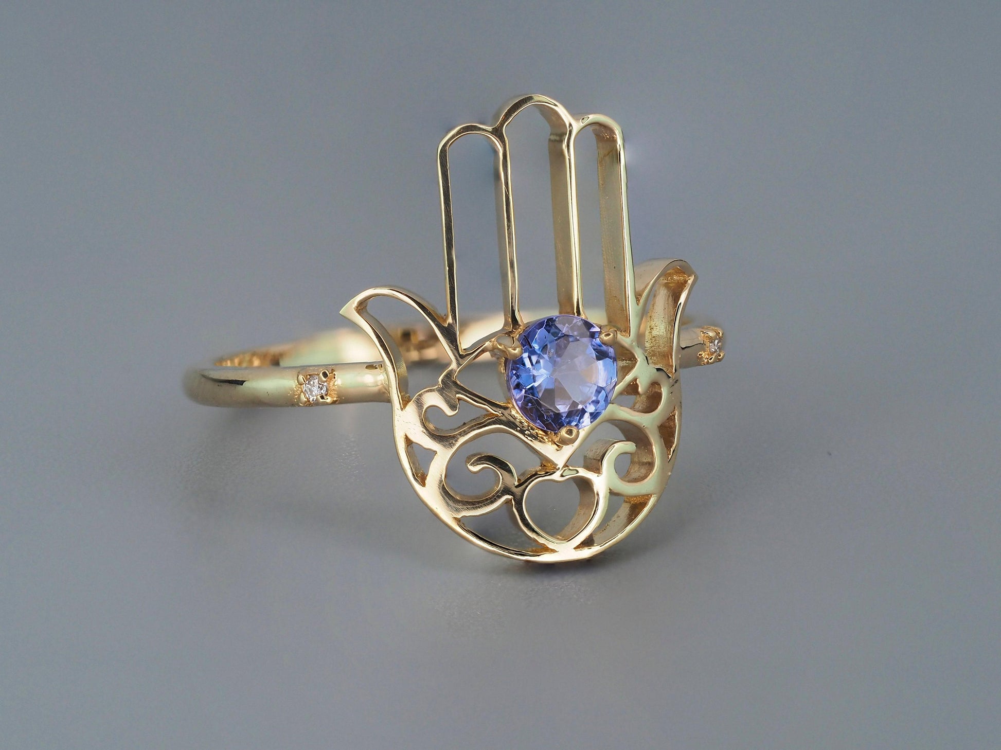 Hamsa Hand Tanzanite ring in 14k gold