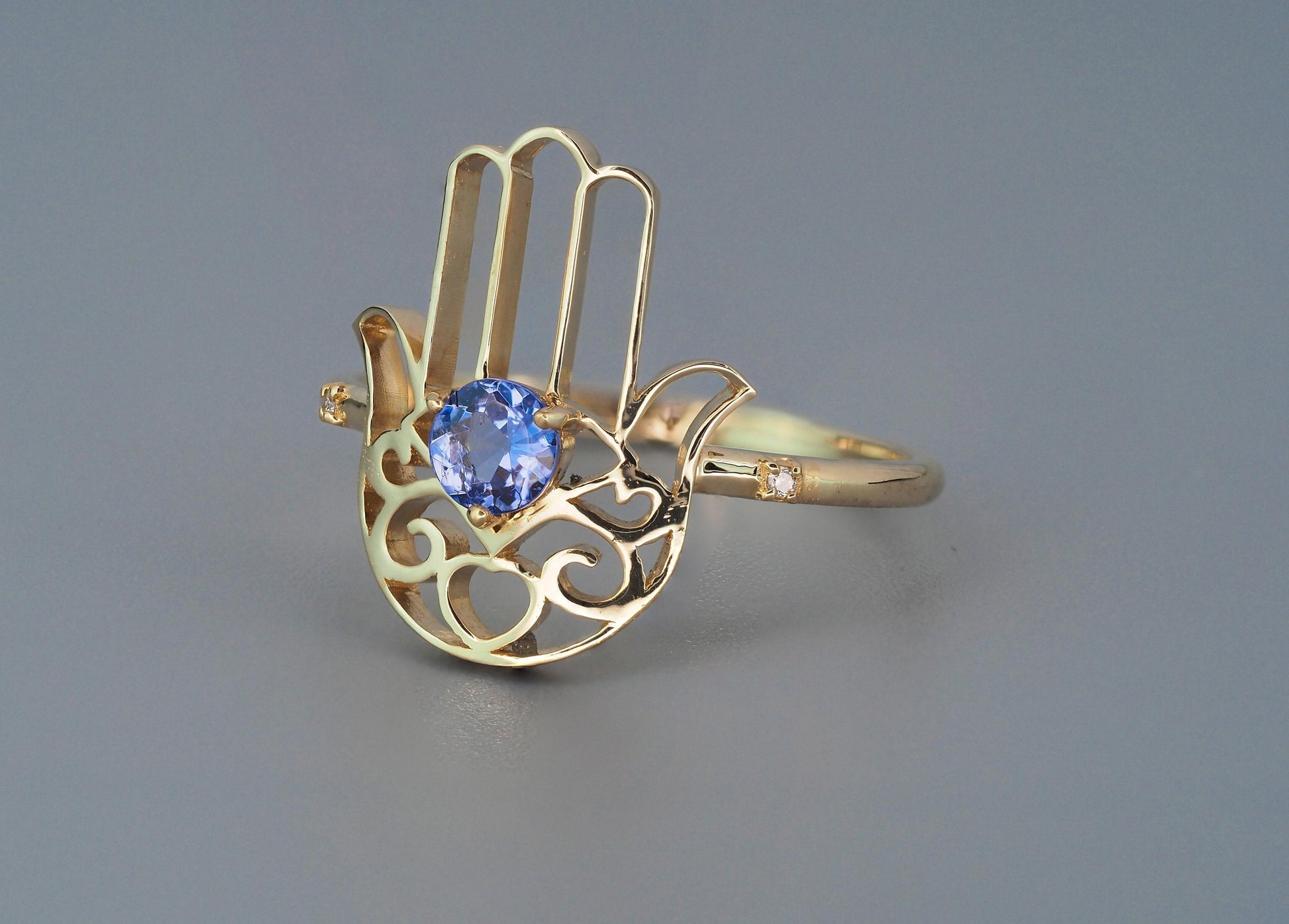 Hamsa Hand Tanzanite ring in 14k gold