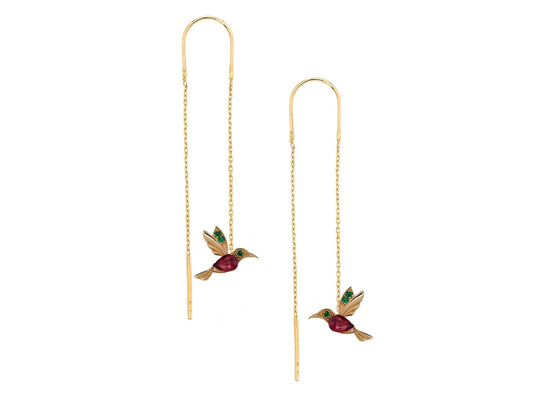 Hummingbird Threader earrings with rubies in 14k gold