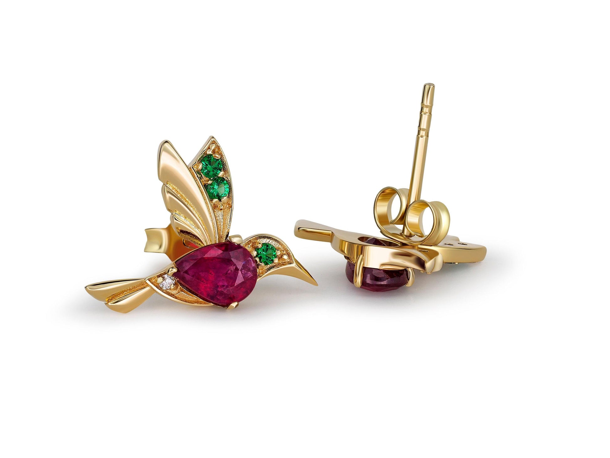 Hummingbird earings studs with rubies in 14k gold
