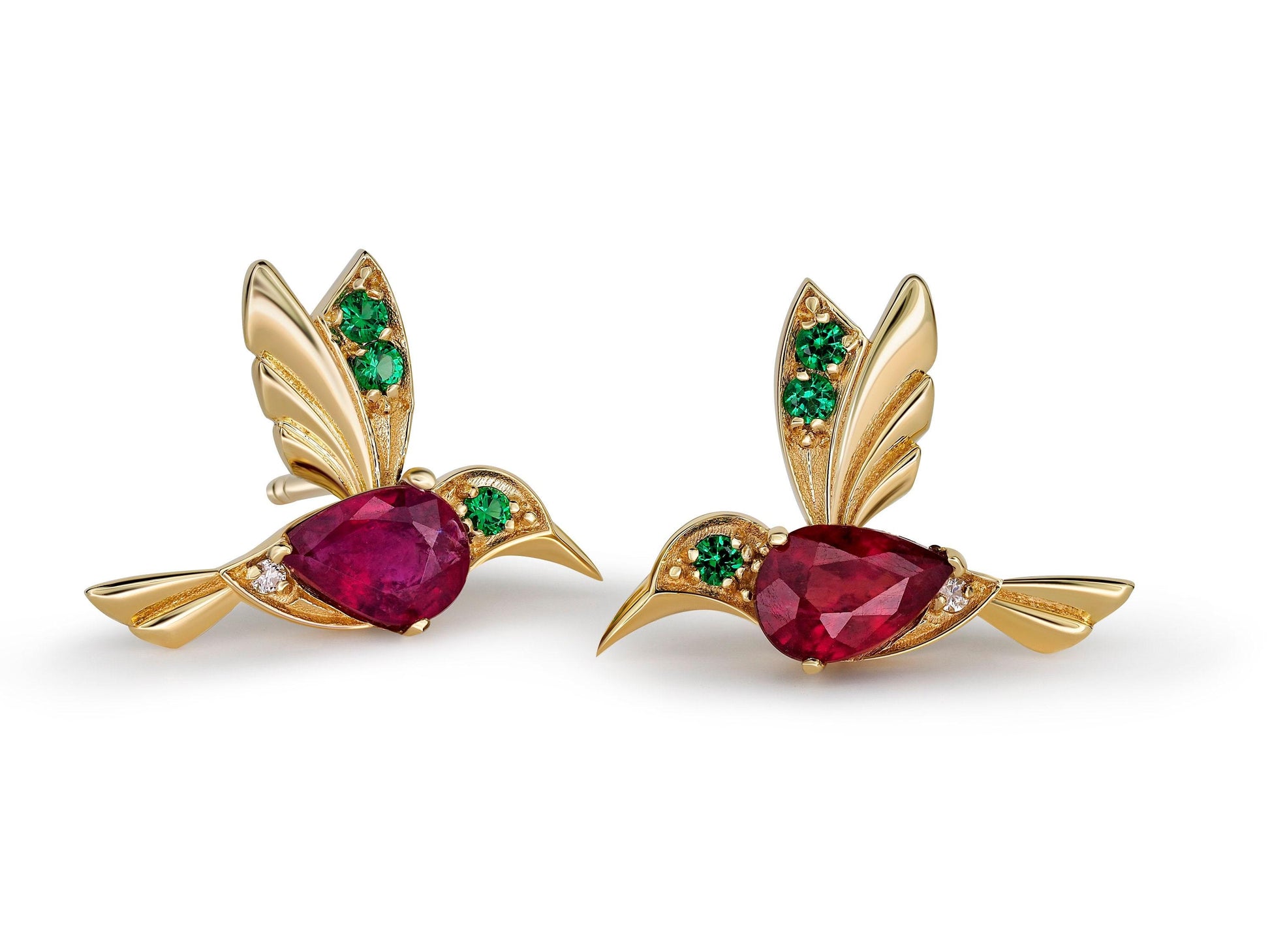 Hummingbird earings studs with rubies in 14k gold