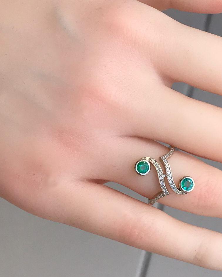 Vintage inspired two emeralds 14k gold ring.