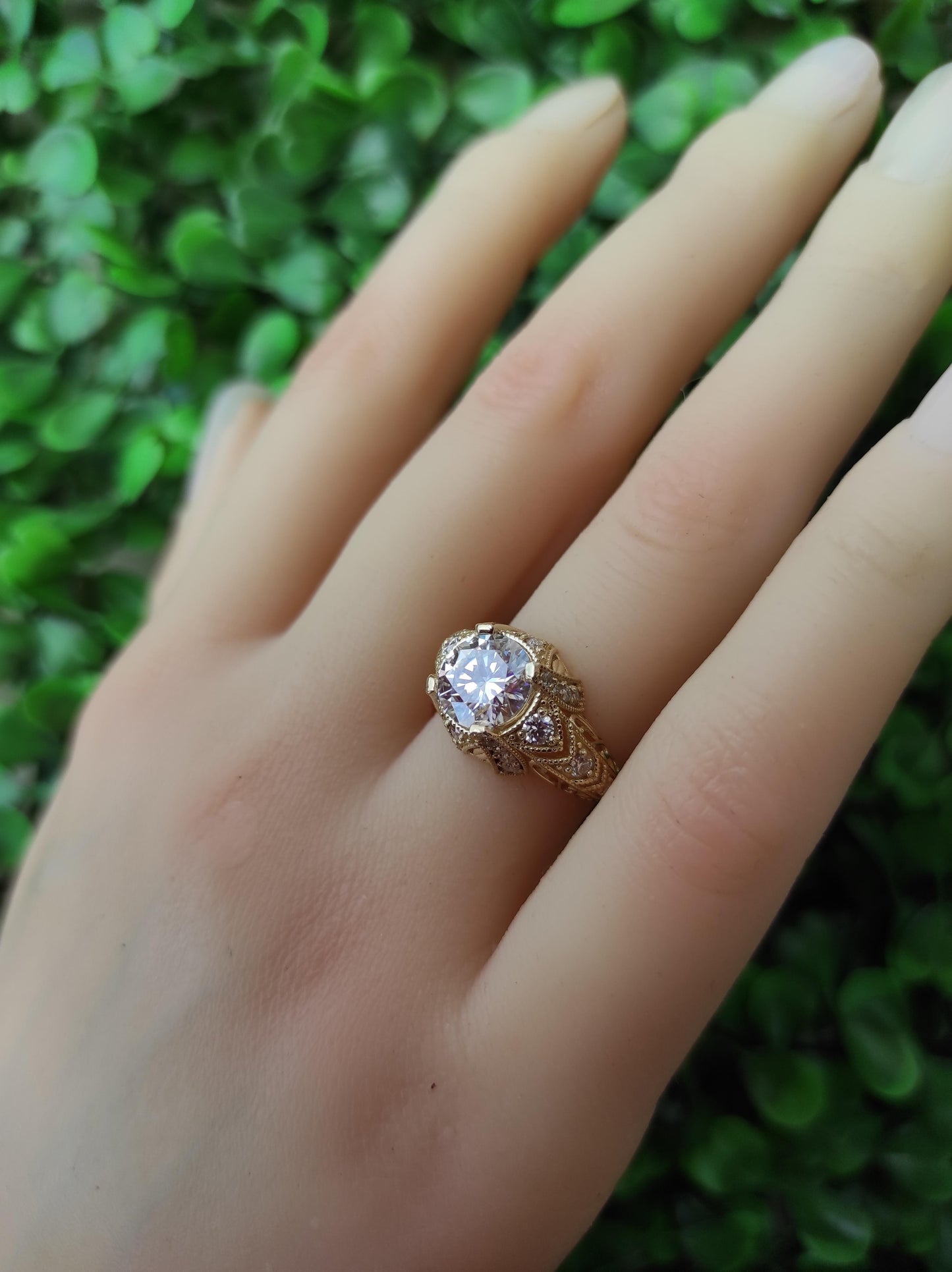 Vintage 1.5 ct Round Moissanite Engagement 14k Gold Ring